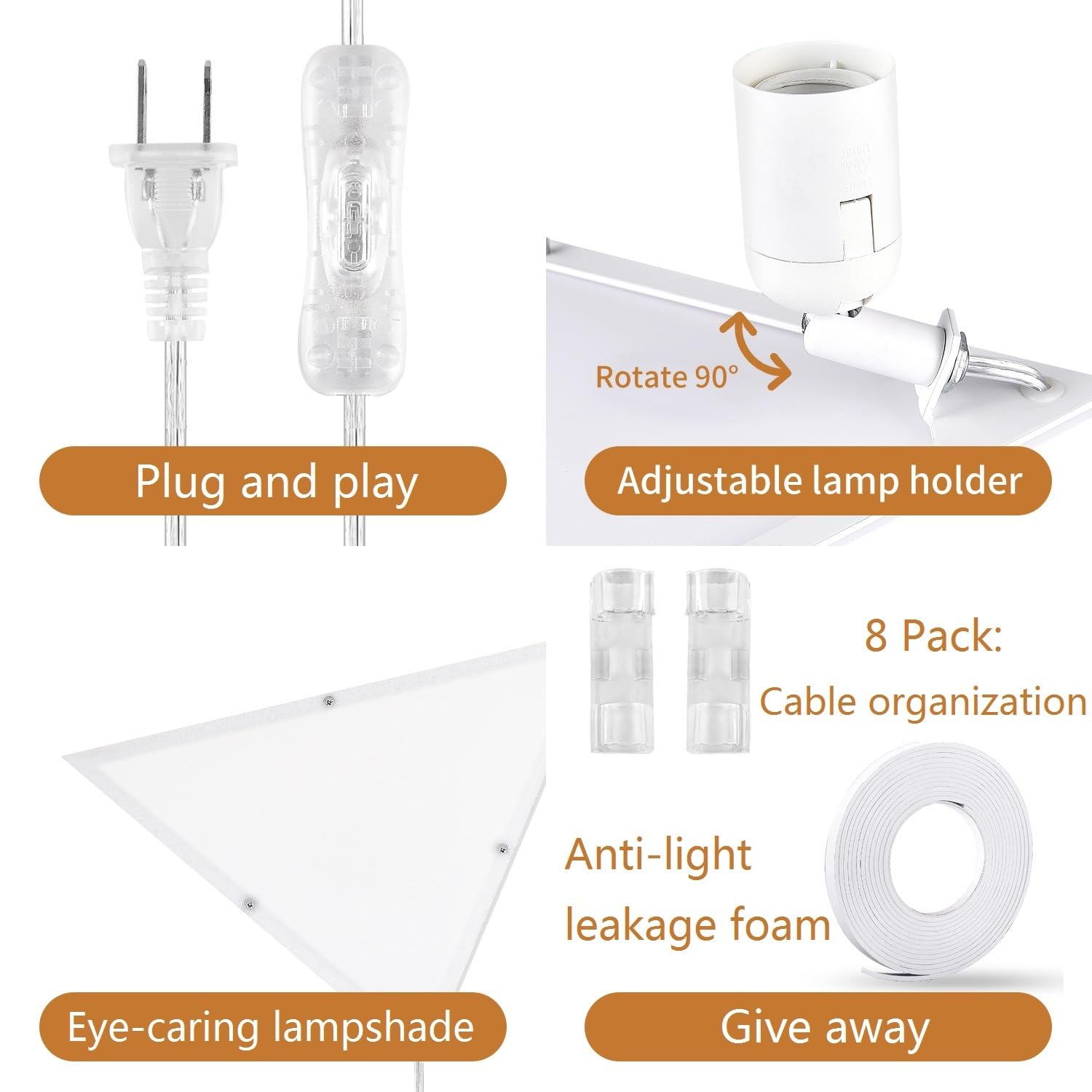 2 Pack Modern Triangle Corner Lights with Switch - Plug in Ceiling Light with Acrylic White Shade for Living Room, Bedroom, Kids Room, Office & Apartments - Perfect for Ambient Lighting and Space-Saving Decor