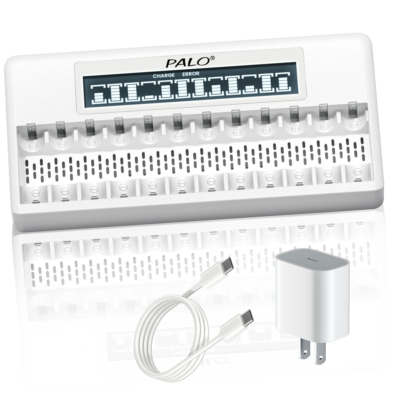 Palogreen 12 Bay Independent Lithium Battery Charger for AA AAA Li-ion Rechargeable Batteries with LCD Display & 20W USB-C PD Fast Charging - Perfect for Cameras, Flashlights, Toys, and Electronic Devices