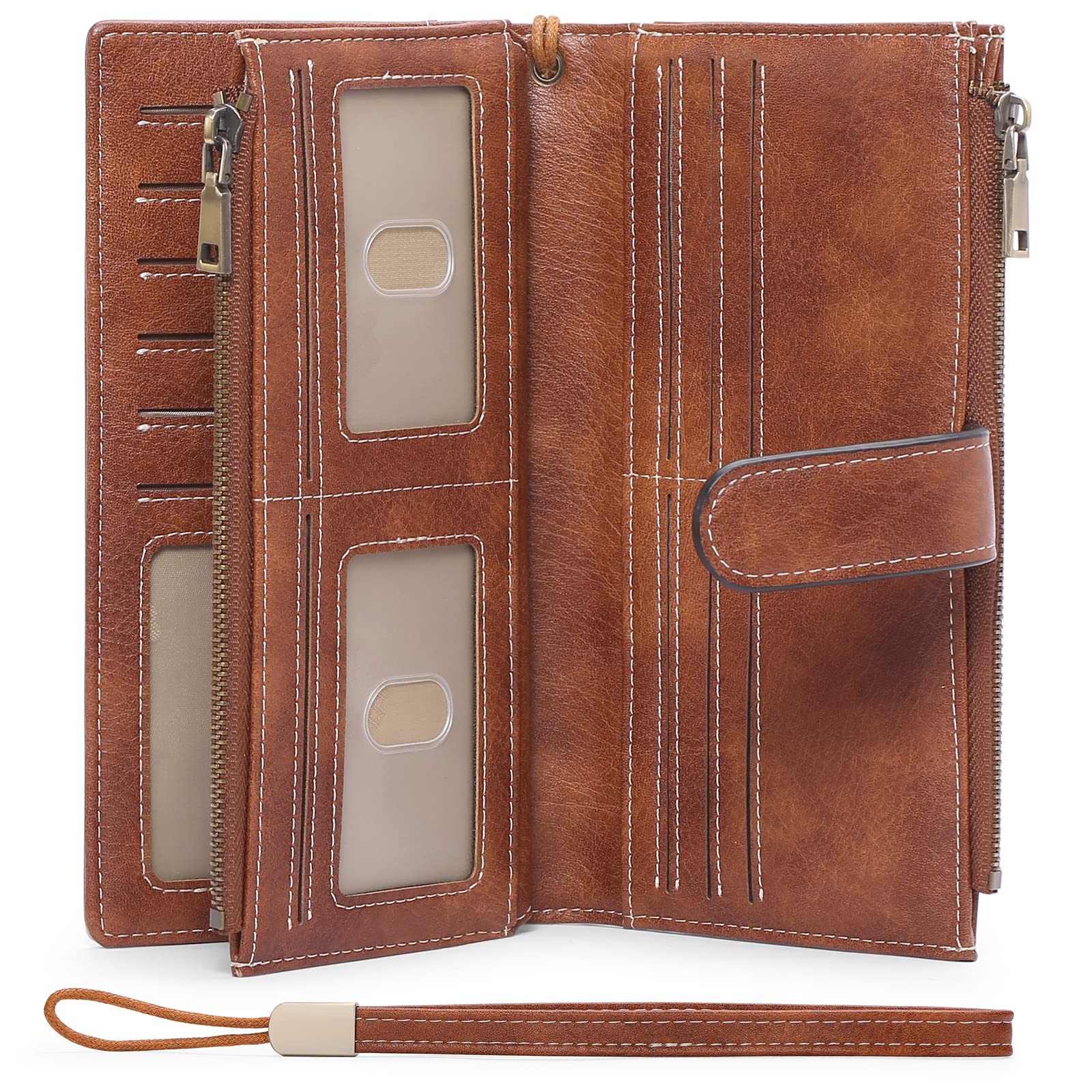 GOIACII Women's RFID Blocking Leather Wallet - Large Capacity Bifold Clutch with Double Zipper Pockets & Wristlet Strap | Perfect for Everyday Use, Travel, and Gift Giving