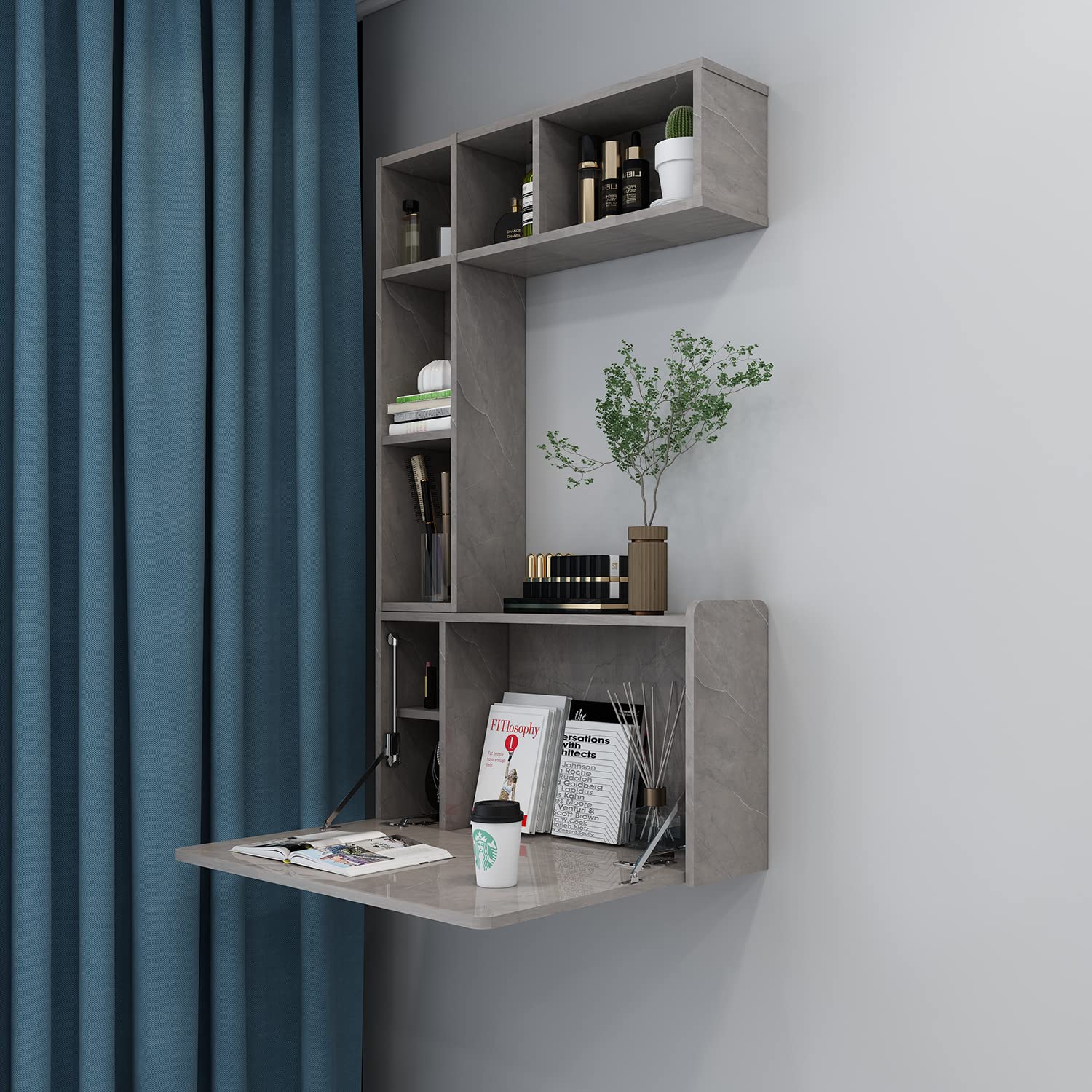 Wall Mounted Floating Desk - Foldable, Space Saving Hidden Pull Down Desk for Small Apartments & Bedrooms (Dark Grey) | Perfect for Home Office, Study & Workspace