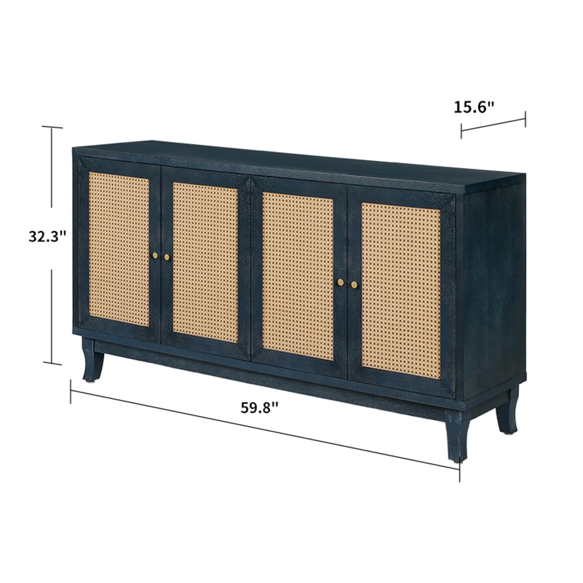 Modern Rattan Sideboard Buffet Cabinet with 4 Woven Doors - Adjustable Shelves Storage Console Table for Living Room, Dining Room & Hallway - Antique Blue Accent Furniture for Farmhouse & Coastal Decor