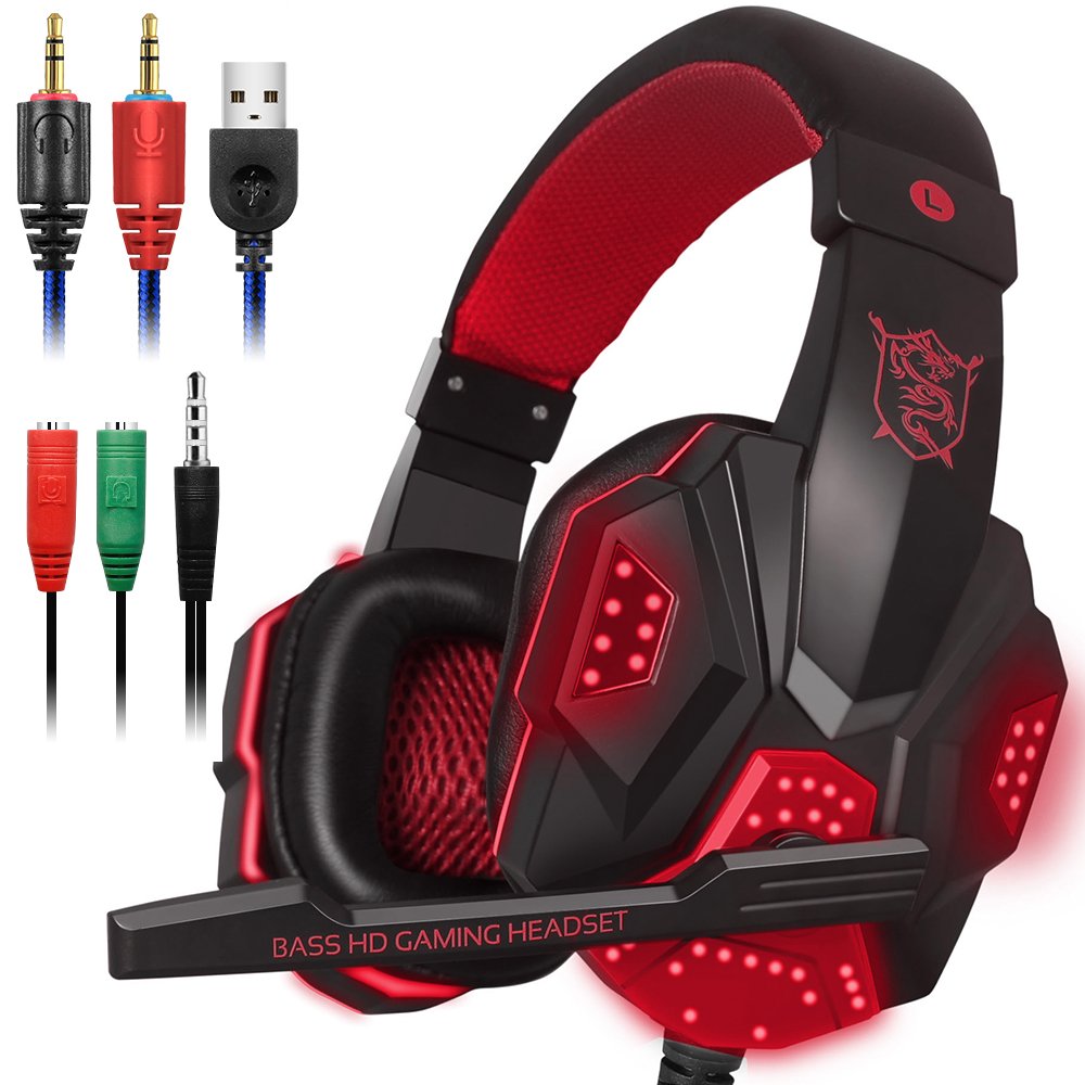 DLAND 3.5mm Wired Gaming Headset with Microphone & LED Lights for PC, Laptop, PS4, Xbox One - Noise Isolation, Volume Control (Black/Red) - Perfect for Gaming, Streaming & Online Meetings