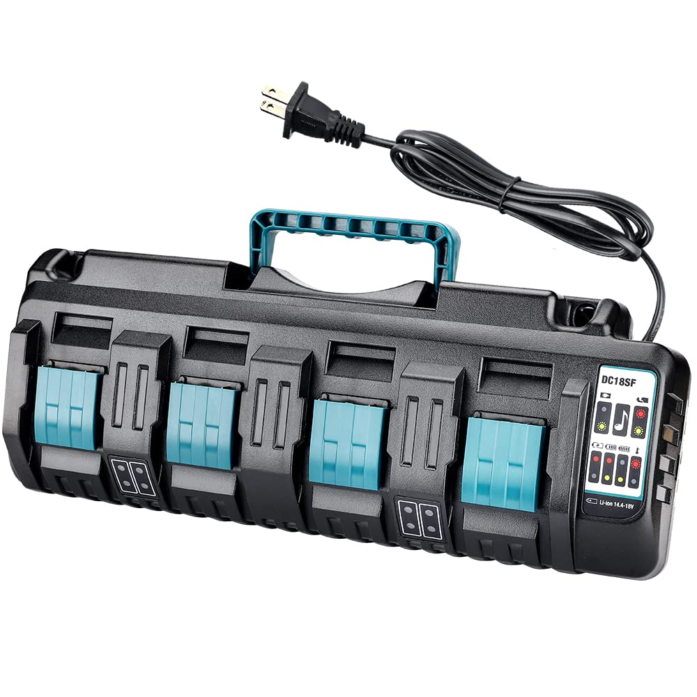 Makita 18V Battery Charger DC18SF - 4-Port Rapid Charger with Dual USB Ports | Fast Simultaneous Charging for 18V Power Tools | Perfect for Construction Sites, Workshops & Home DIY Projects