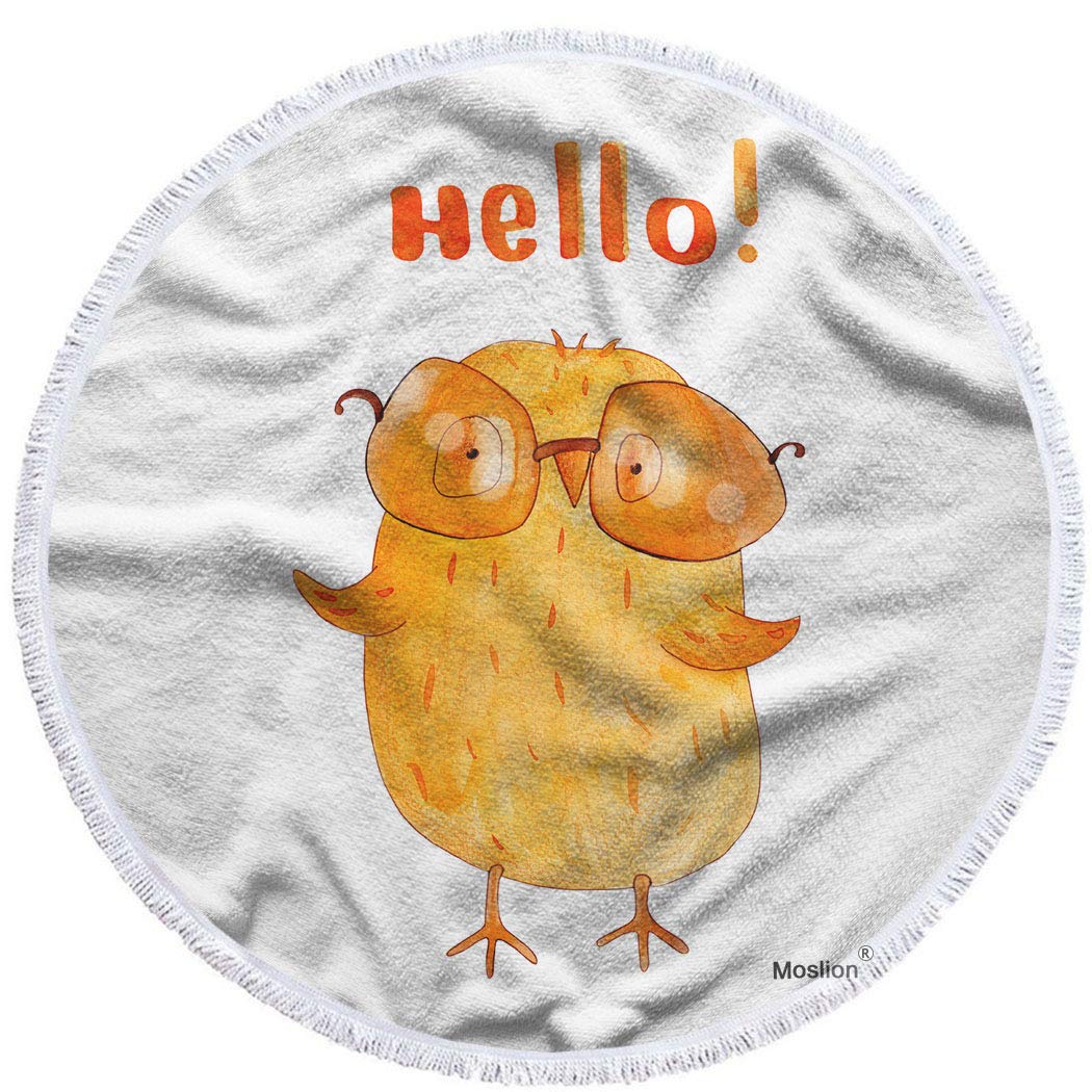Moslion Hello Round Oversized Beach Towel 63 Inch - Soft Microfiber Polyester, Hand-Drawn Watercolor Cartoon Design with Chick Sunglasses - Perfect for Pool, Beach, Picnic & Summer Outings