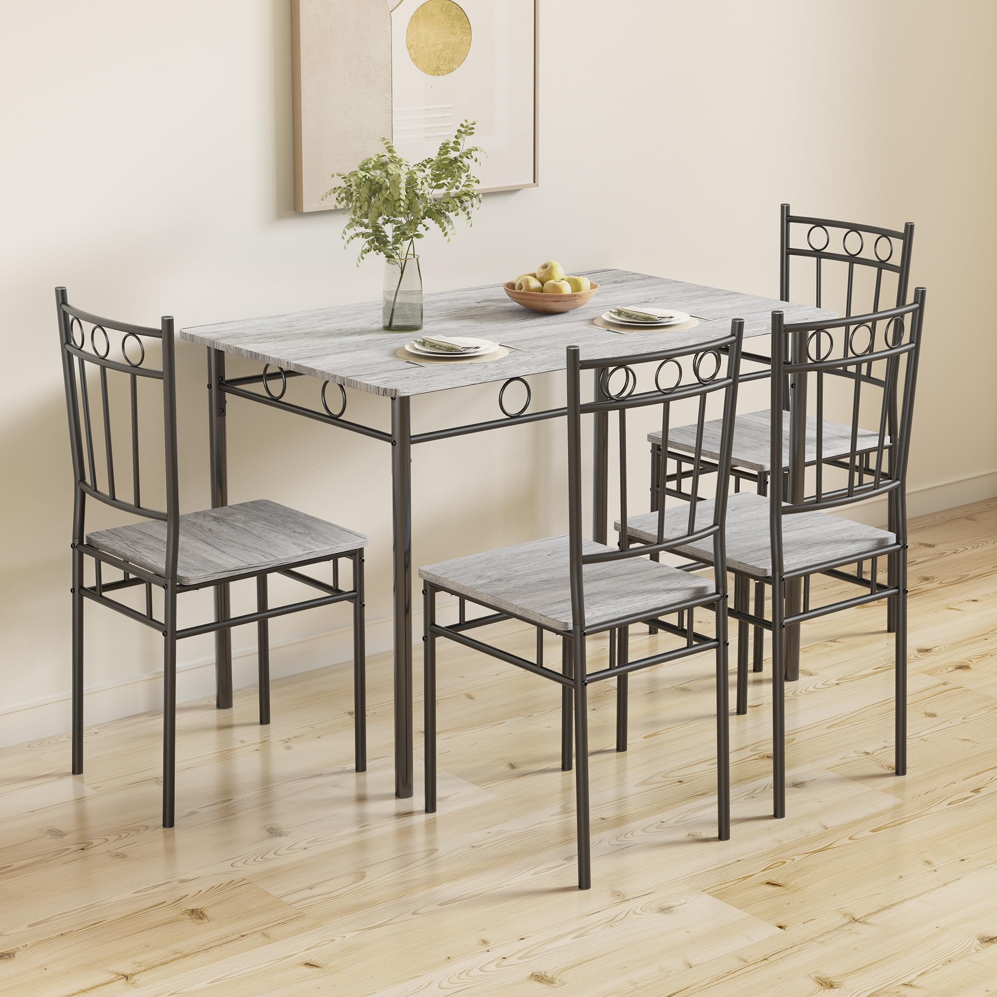 5-Piece Retro Grey Dining Table Set for 4 - Space-Saving Rectangular Kitchen Table with 4 Chairs - Perfect for Small Spaces, Apartments & Dinettes | Ideal for Family Meals, Dinner Parties & Cozy Breakfasts