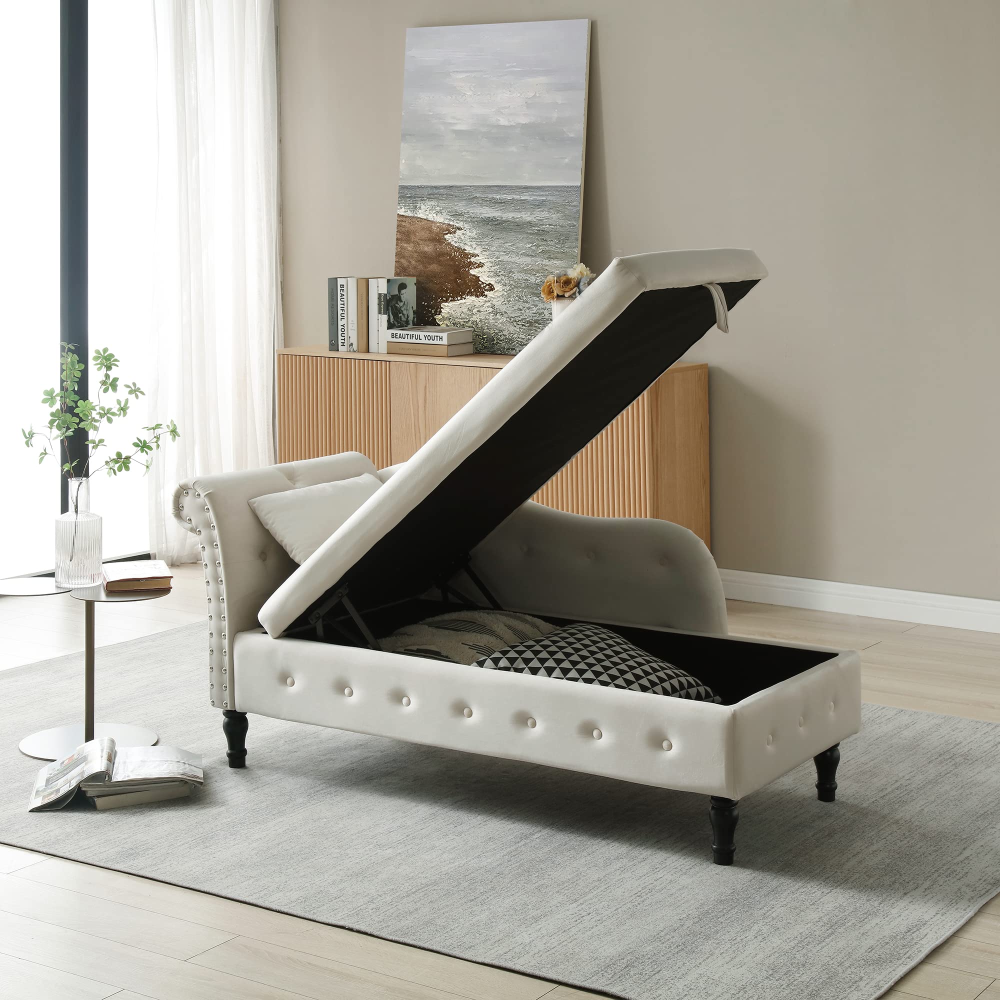Holaki Velvet Storage Chaise Lounge - Tufted End of Bed Bench with Pillow, Nailhead Trim & Solid Wood Legs | Modern Sleeper Sofa Couch for Living Room, Bedroom & Dorm (Beige) - Perfect for Small Spaces, Guest Seating & Extra Storage