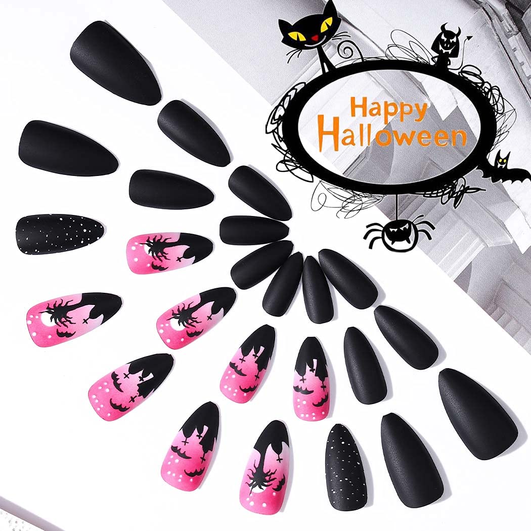 Gothic Almond Acrylic Fake Nails 24pcs - Matte Pink French Cross Design with Black Spots | Long Press on False Nails | Full Cover Stiletto Halloween Nails for Women & Girls (Pattern C) | Perfect for Costume Parties, Gothic Fashion & Special Occasions