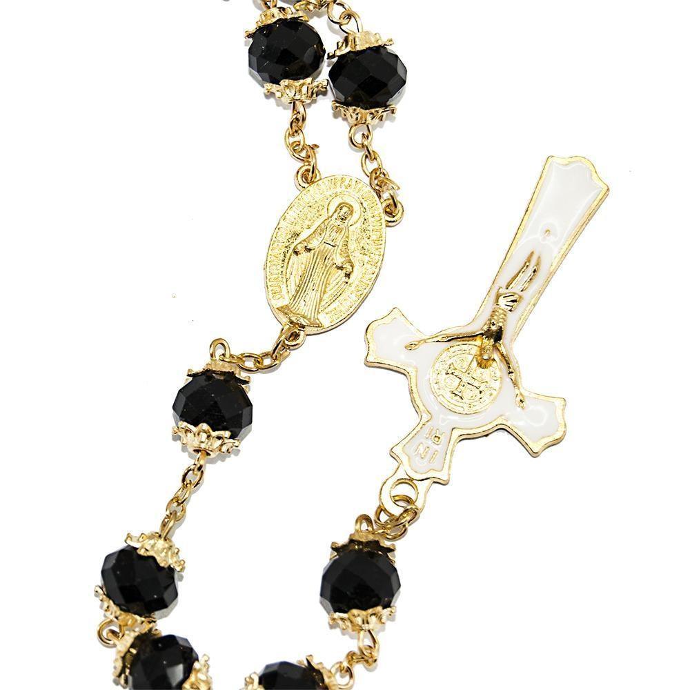 Black Crystal Rosary Beads Necklace with Gold Plated Miraculous Medal - Religious Jewelry for Prayer, Meditation & Catholic Gifts