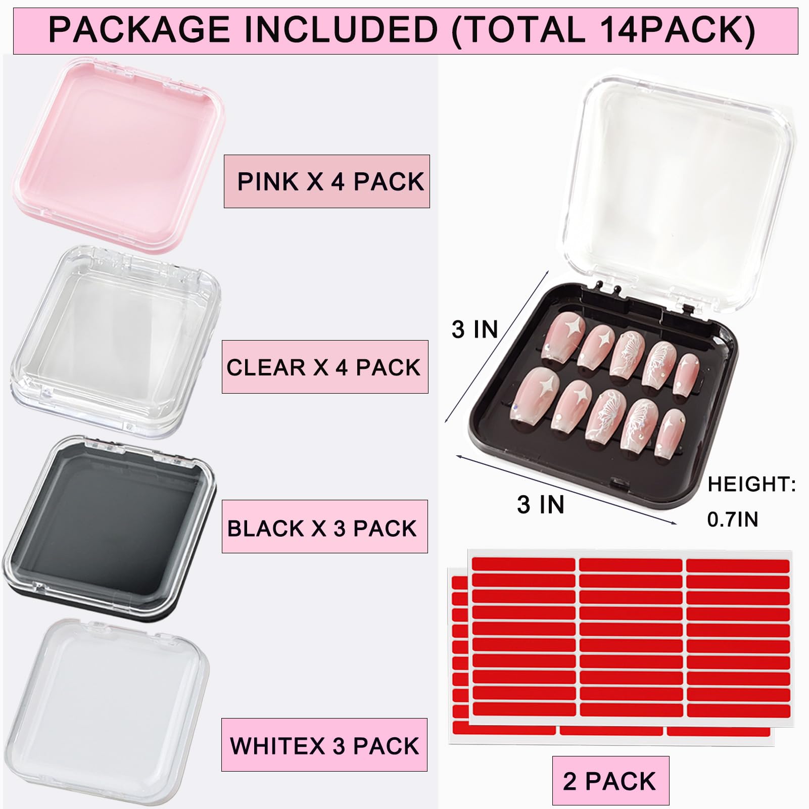14 Pcs Press On Nail Packaging Box with 60 Adhesive Tapes - Fake Nail Storage Case & Display for Nail Salon Supplies, Nail Art Business - Perfect for Salon Organization & Retail Display