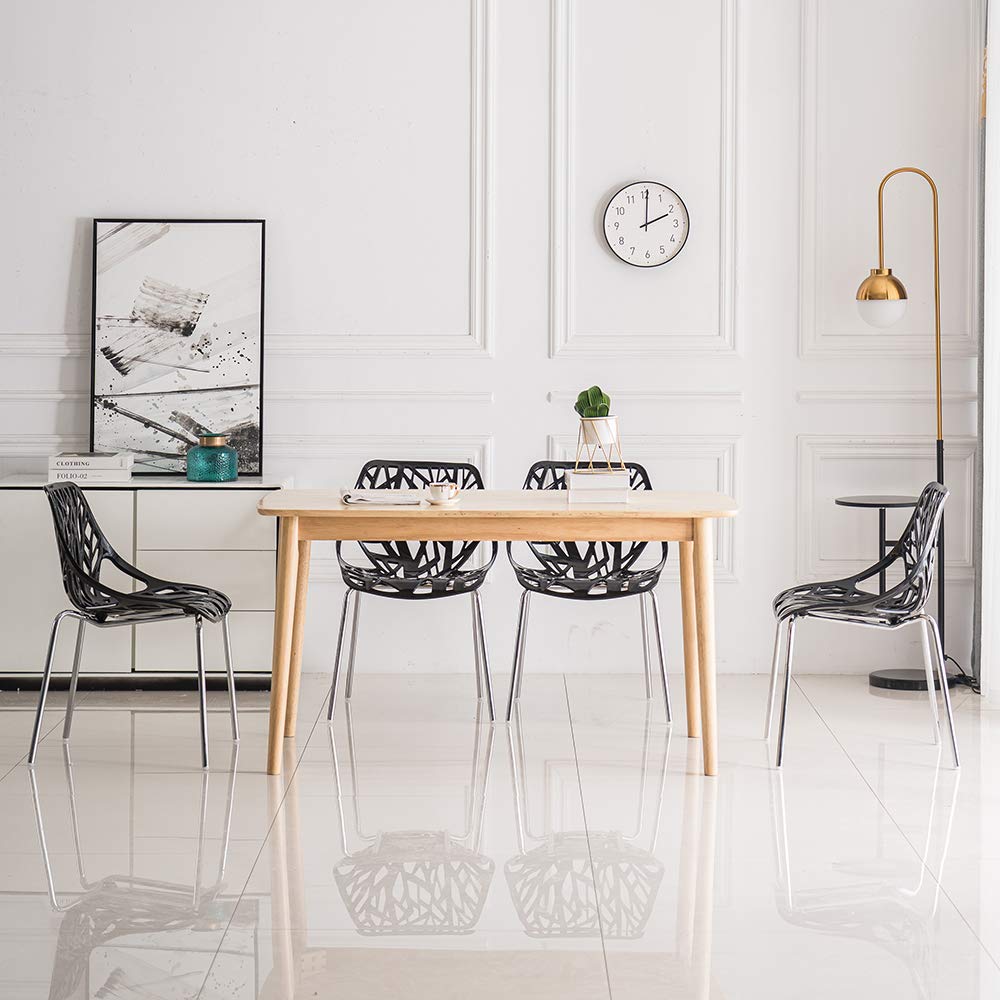 VINGLI Set of 4 Modern Stackable Dining Chairs - Black Birch Wood Accent Chairs for Kitchen, Dining Room & Office - Easy Assembly Home Furniture