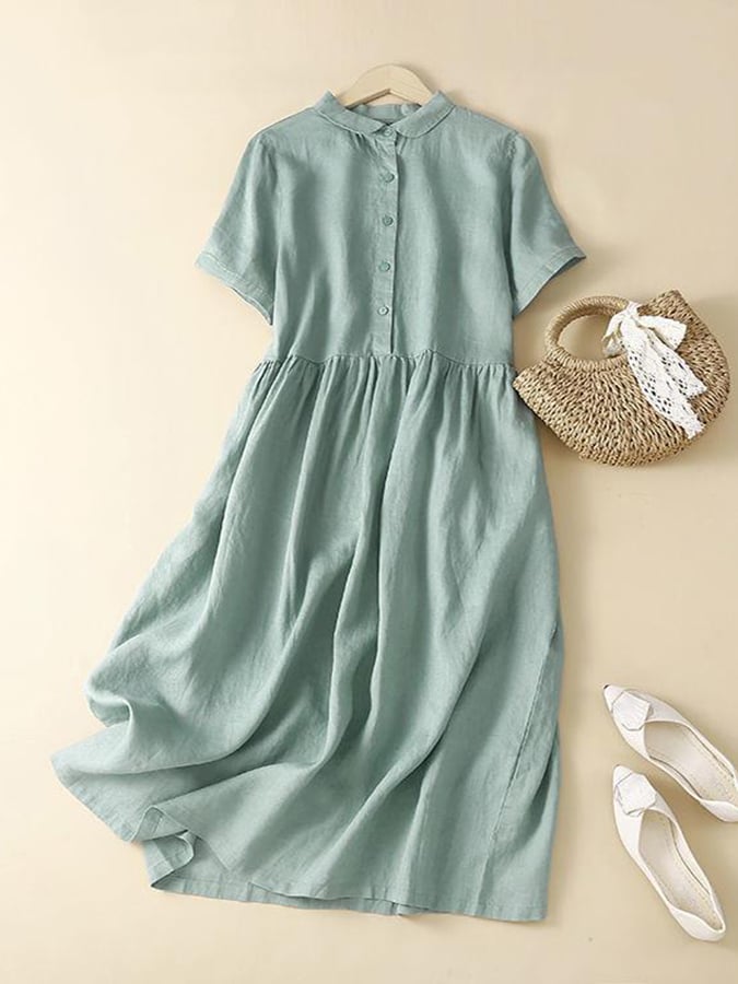 Lovevop Women's Cotton Linen Short Sleeve Casual Dress - Solid Color Summer Dress for Beach, Vacation & Everyday Wear