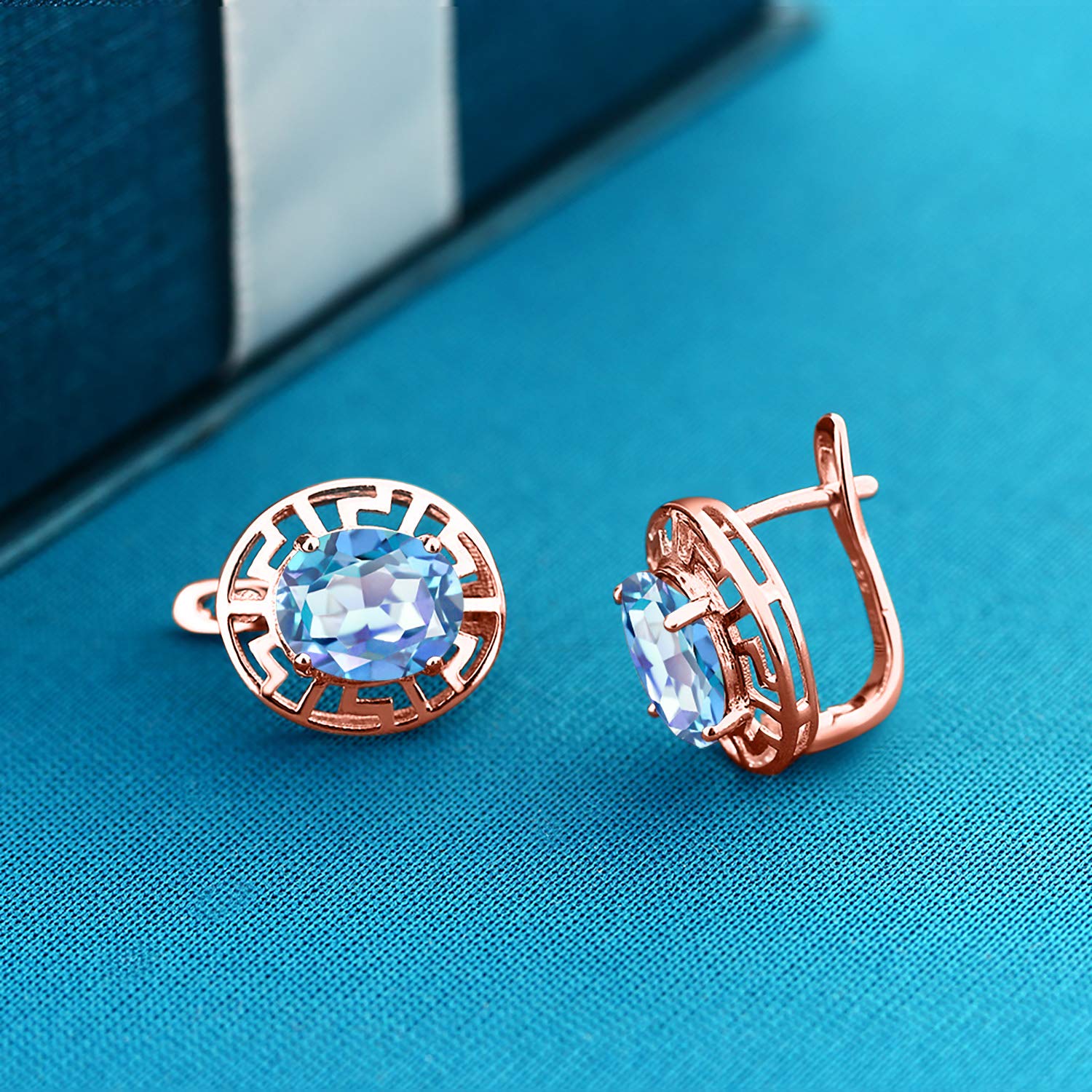 18K Rose Gold Plated Silver 10X8MM Oval Birthstone Greek Key Earrings for Women | Fine Jewelry Gifts for Mom, Wife, Her | Perfect for Weddings, Anniversaries & Special Occasions