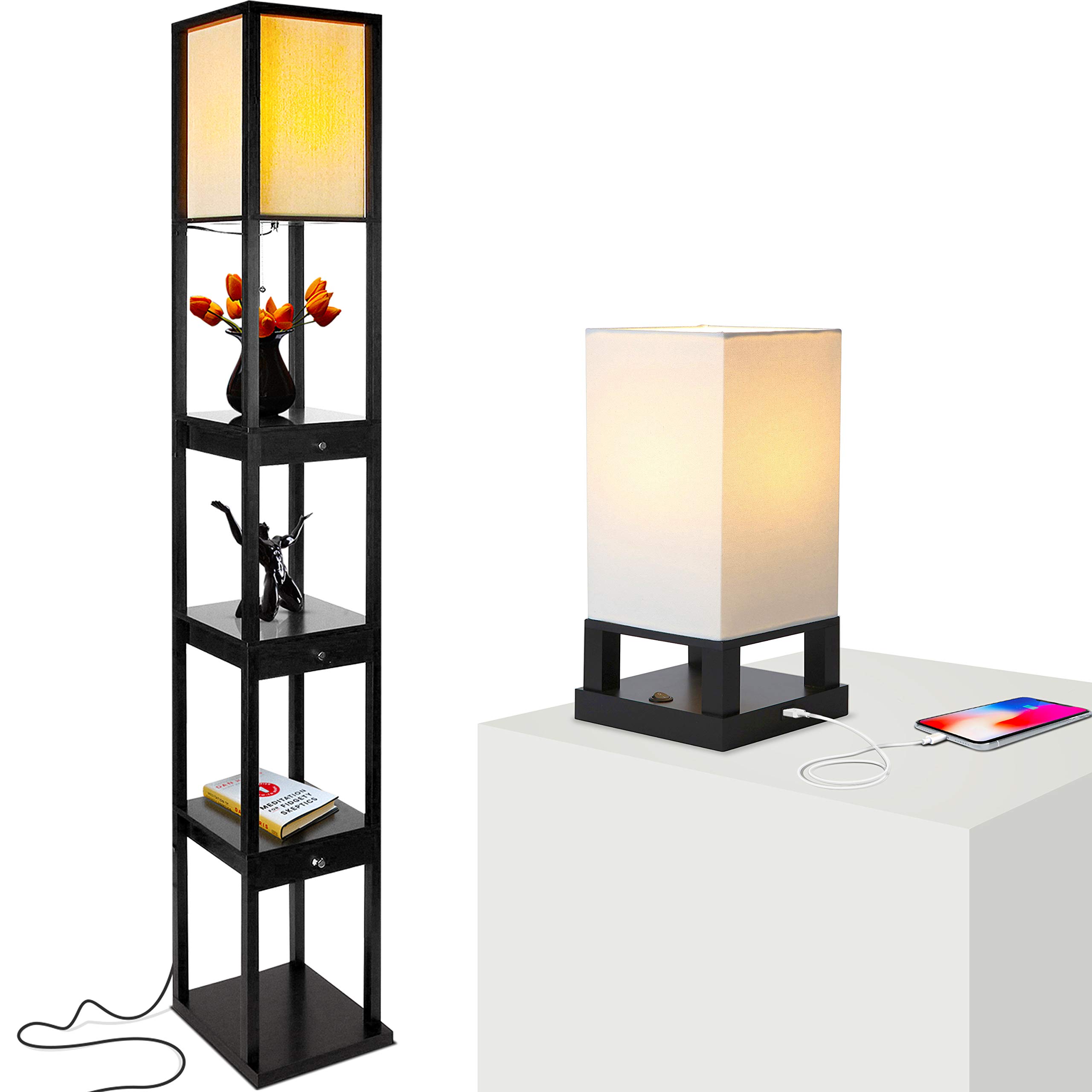 Brightech Maxwell Modern LED Floor & Table Lamp Set of 2 with USB Port & Storage Drawers - Wood Frame Bedside Lamp with Soft Ambient Lighting for Bedroom, Living Room & Office - Black Nightstand Lamp for Reading & Relaxation