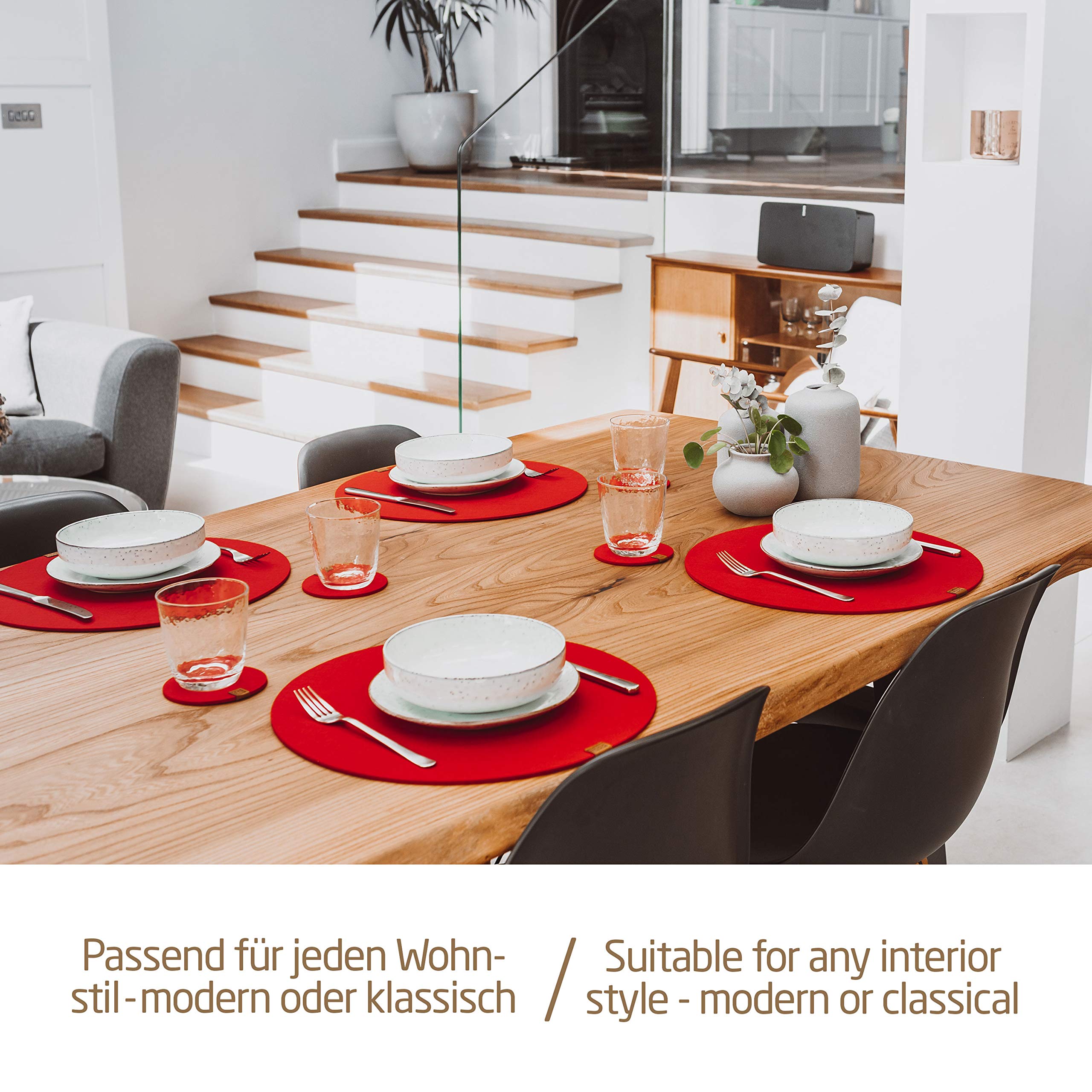 MIQIO® 6-Pack Felt Placemats Set with Glass Coasters - 15 Inch Round Washable Table Mats for Indoor Dining & Outdoor Patio Use - Elegant Red Home Decor
