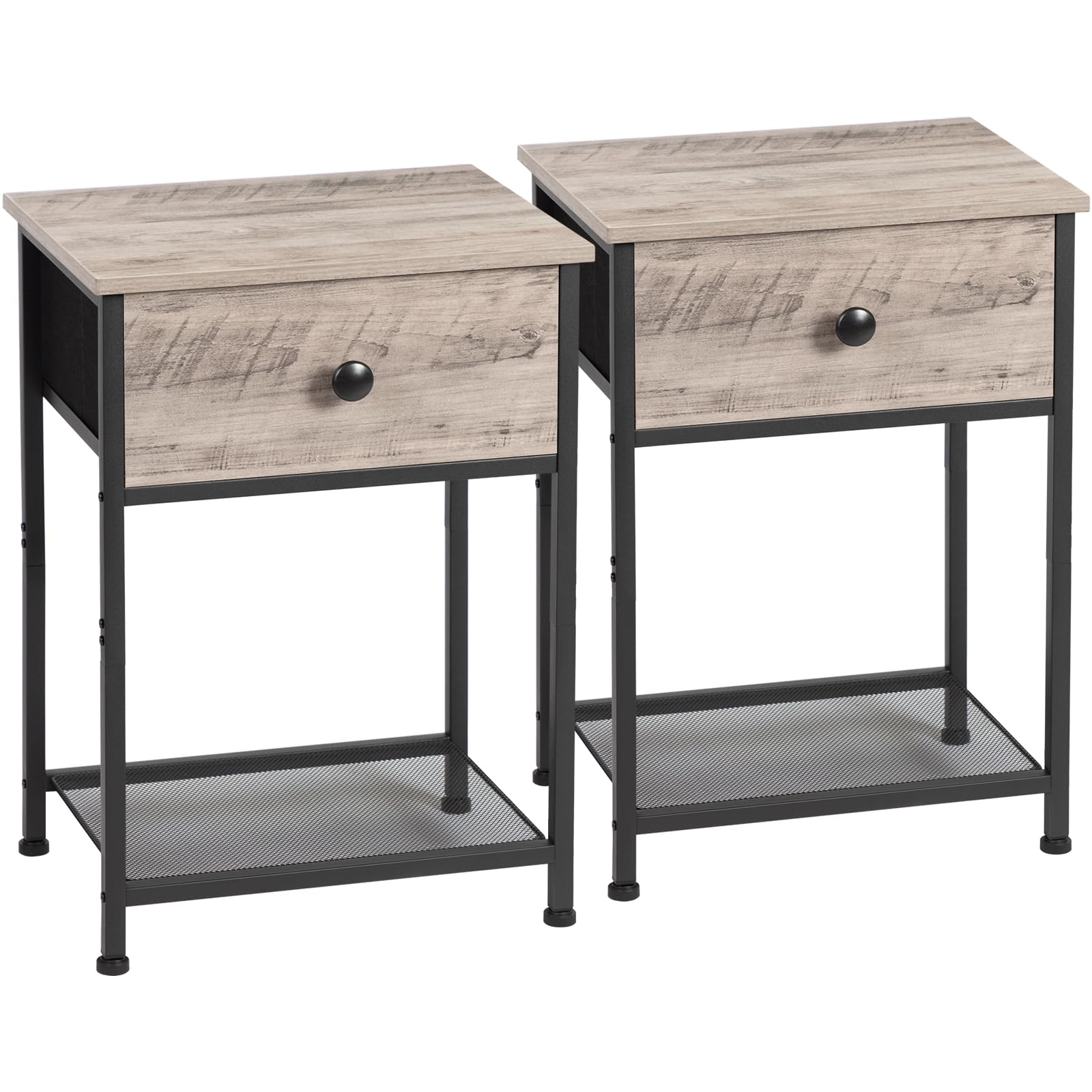 AMHANCIBLE Night Stand Set of 2 - Industrial Style Bedside Tables with Fabric Drawer & Storage Shelf for Bedroom, Living Room - Slim End Tables for Small Spaces in Greige (HET03SDGY) | Perfect for Apartments, Dorms & Cozy Home Decor