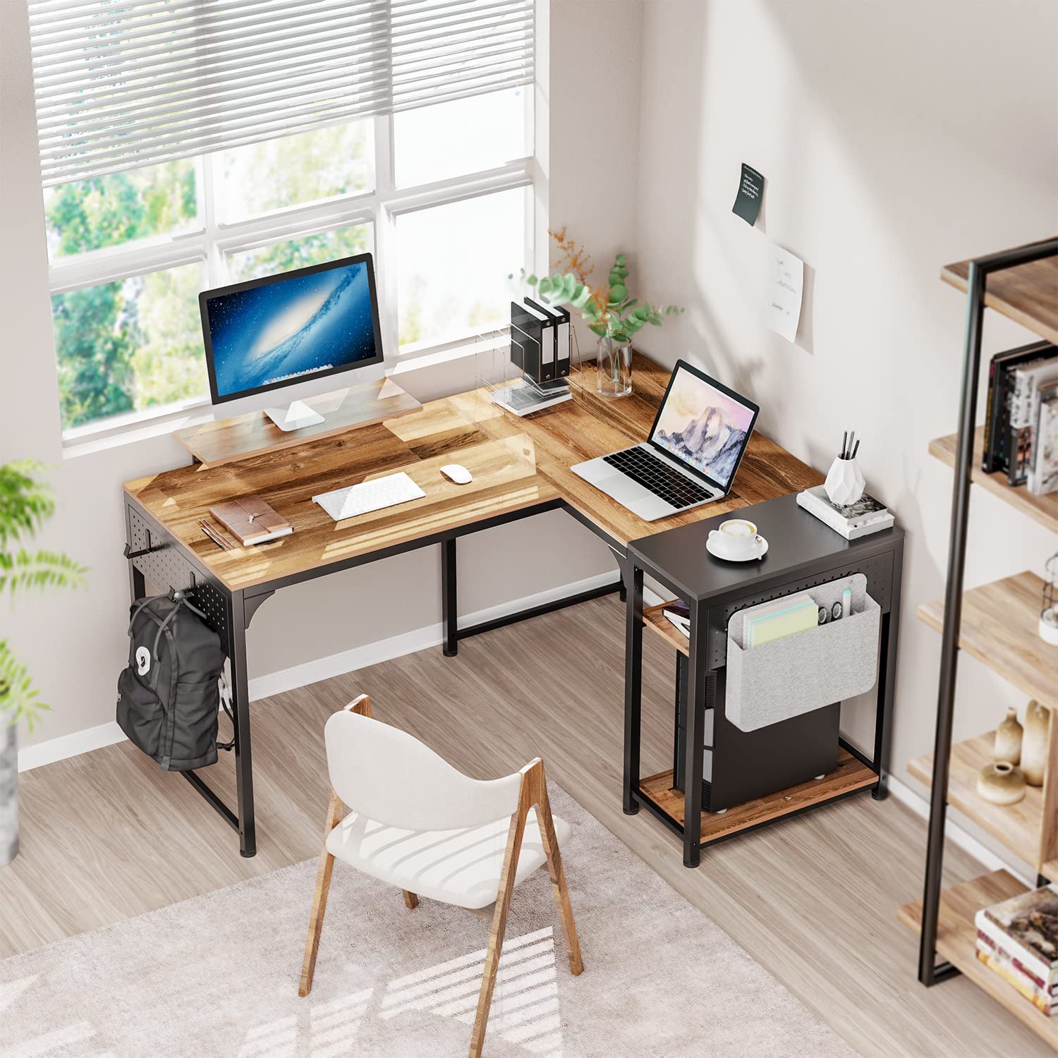 Reversible L-Shaped Desk with Monitor Stand - 58x47 Inch Corner Computer Desk, Study Writing Table with Storage Shelves for Home Office - Rustic Brown/Black - Perfect for Small Spaces & Gaming Setups