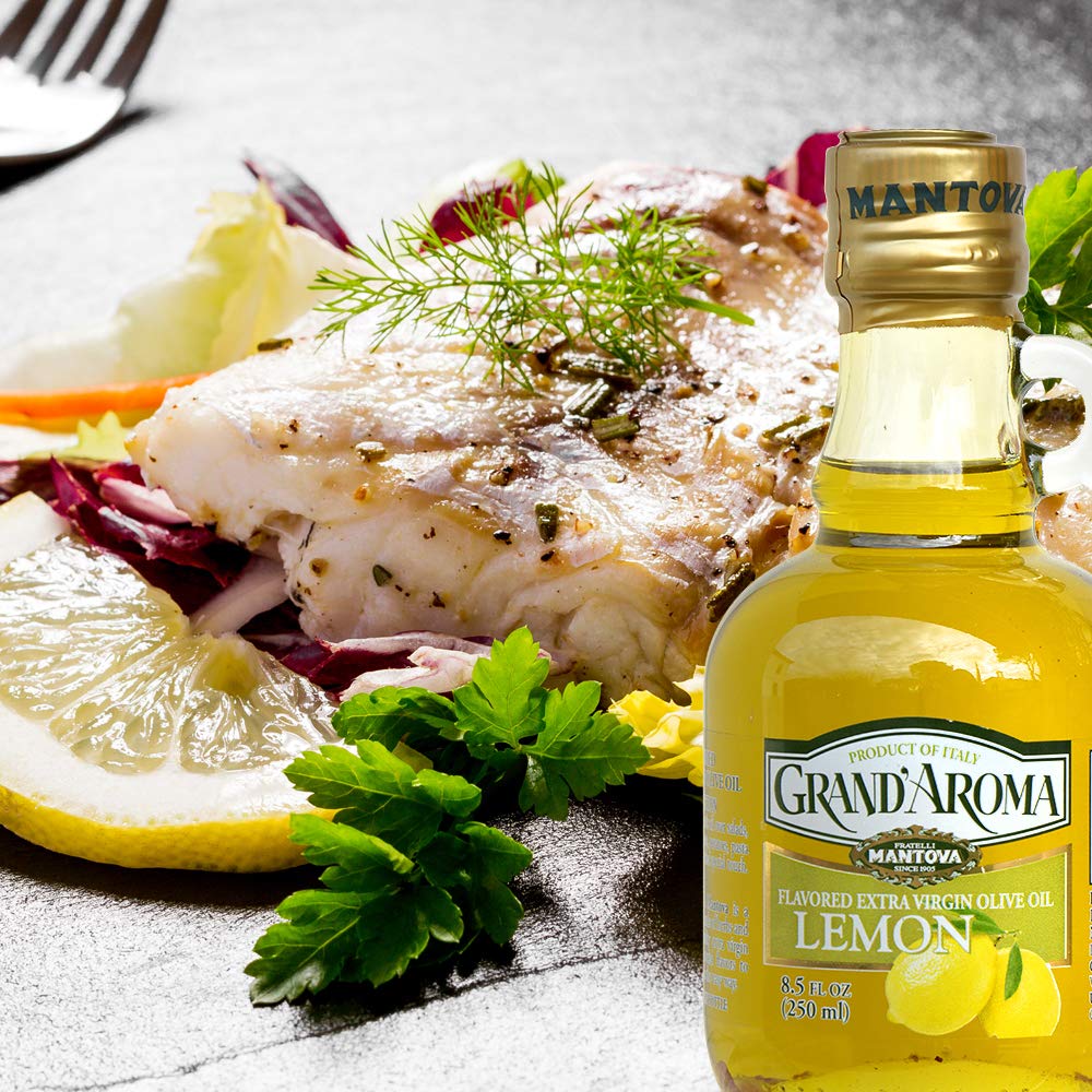 Premium Italian Extra Virgin Olive Oil - Mantova Grand’Aroma Cold-Pressed Lemon Flavored, 100% Natural, Heart-Healthy Cooking Oil for Salad Dressing, Pasta, Garlic Bread, Meats & Pan Frying - 8.5 oz (Pack of 3) - Perfect for Mediterranean Cuisine & Gourmet Cooking