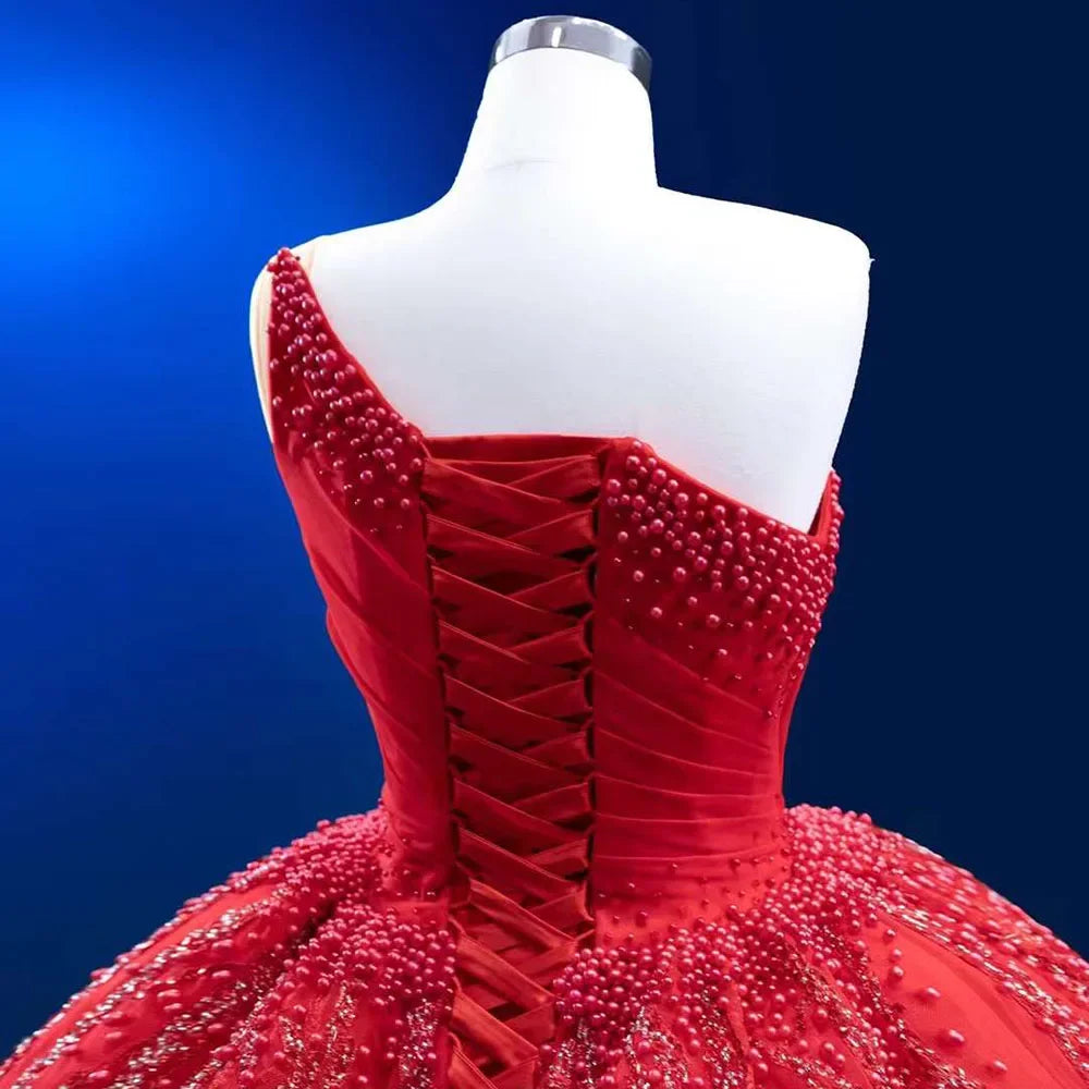 Serene Hill Red Elegant One Shoulder Lace-Up Pearl Beaded Luxury Wedding Dress 2025 | High-End Custom Made Bridal Gown HM222191 | Perfect for Beach Weddings, Vow Renewals & Formal Evening Events