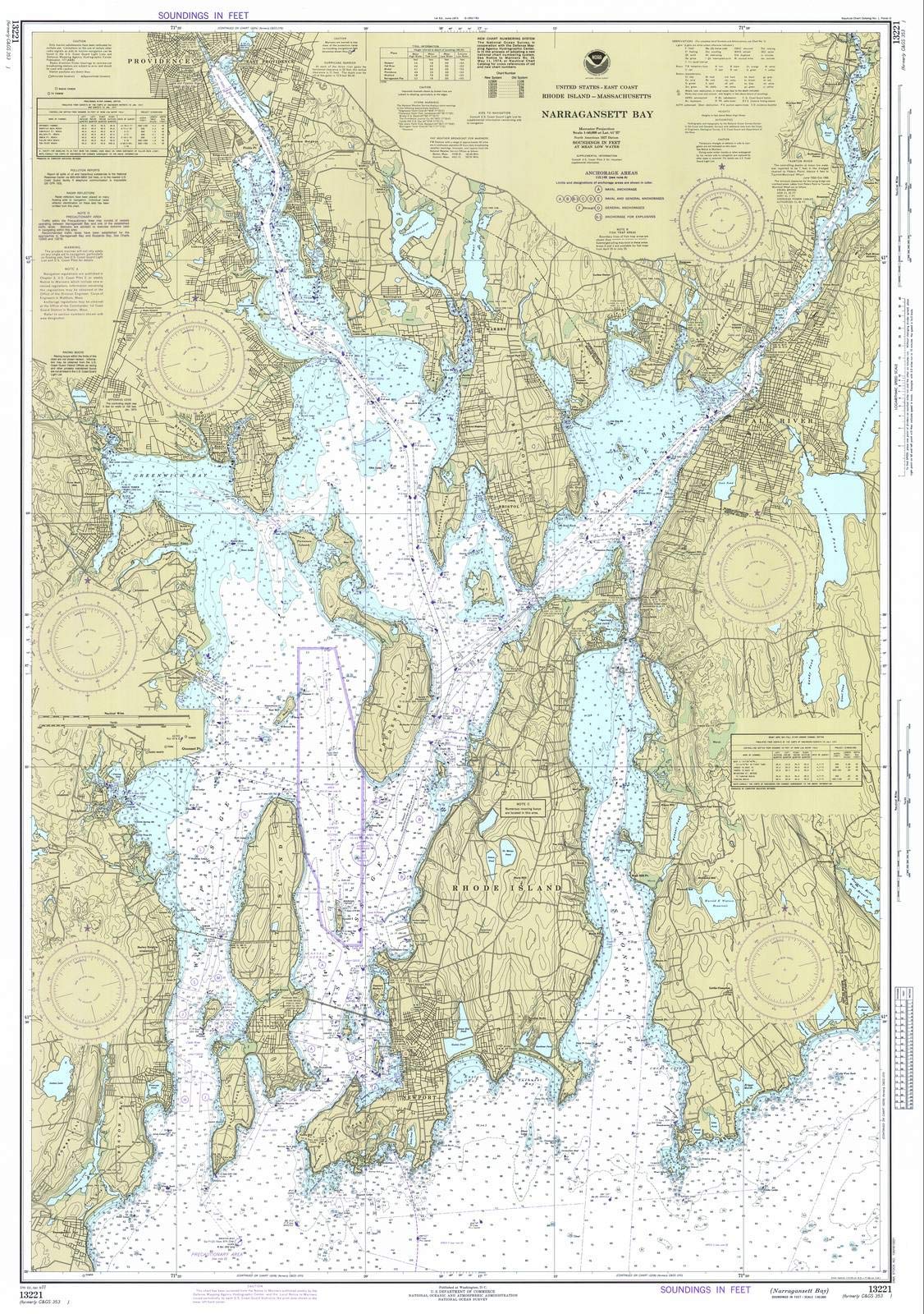 1977 NOAA Nautical Chart of Narragansett Bay - Vintage Rhode Island & Massachusetts Coastal Map (32x44 Inch) - Historic Wall Decor for Home, Office or Nautical Theme Room