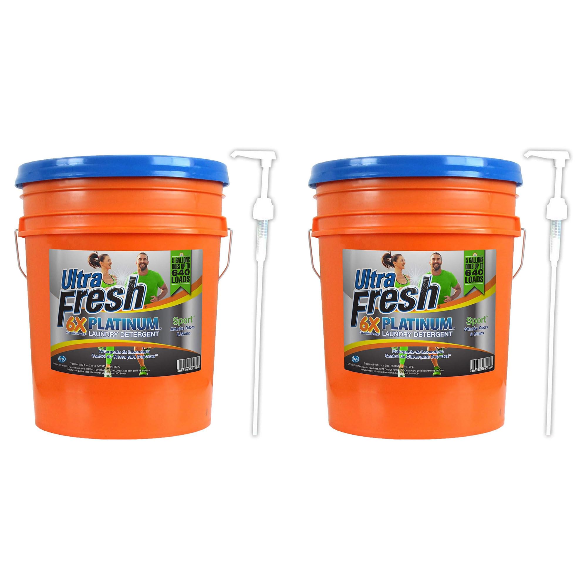 Platinum Sport 5 Gallon 6x Concentrated Laundry Detergent - Works in All Washing Machines (HE, Front & Top Load) - 640 Loads per Jug with Free Pump - 2 Pack - Perfect for Large Families, Gyms & Sports Teams