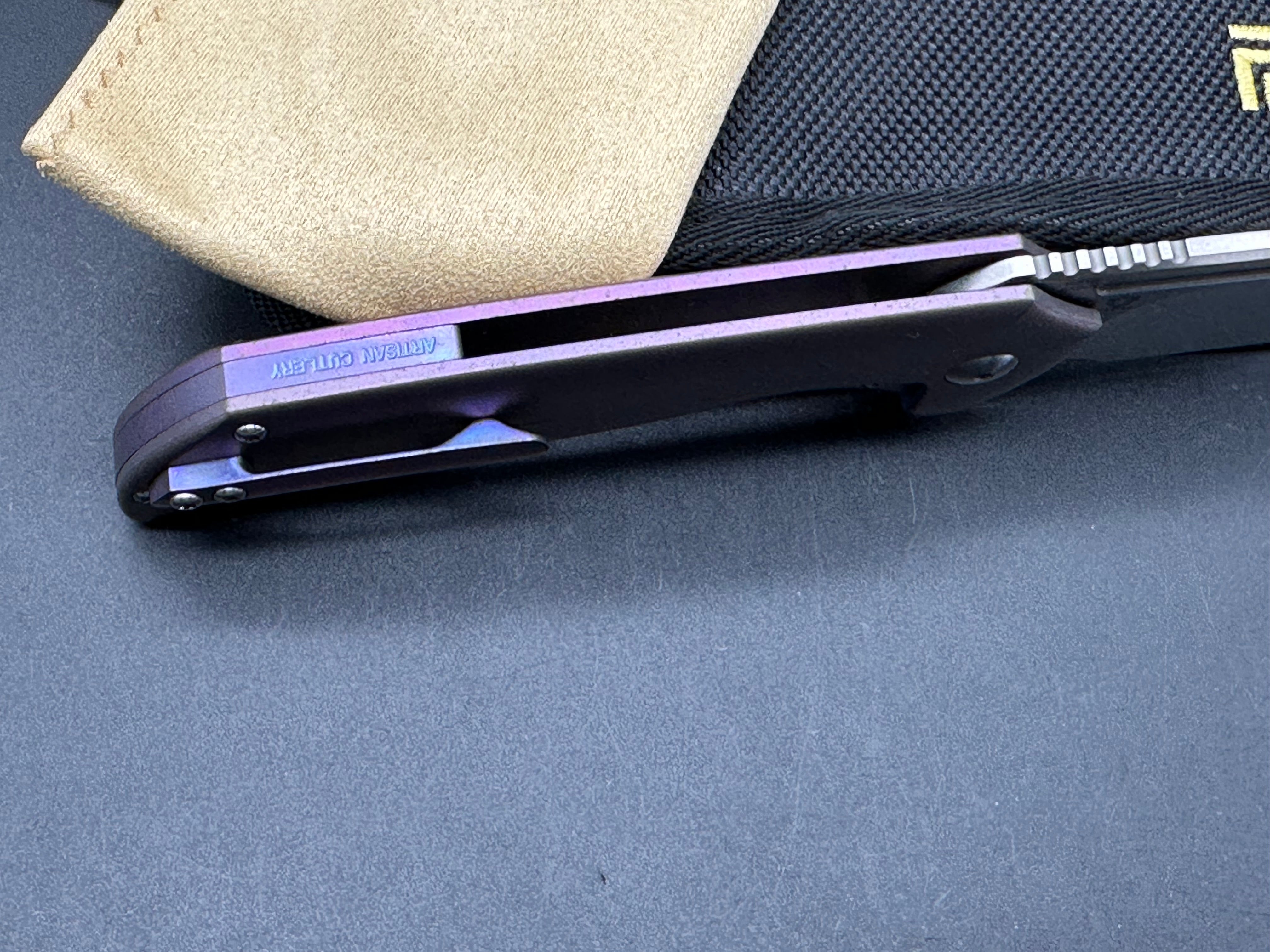 Premium Artisan Trux Frame Lock Folding Knife - Purple Titanium Handle, 3.61