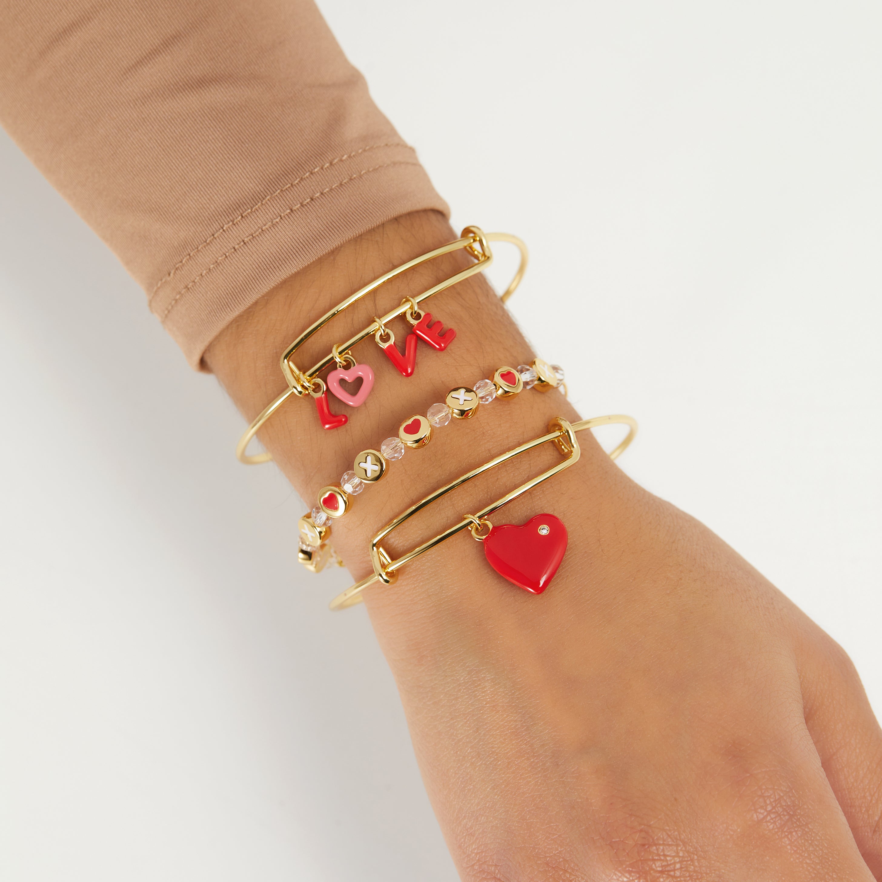 LOVE Charm Bangle Bracelet Set - 3 Piece Gold & Silver Stackable Bangles for Women - Perfect for Valentine's Day, Anniversary Gifts & Everyday Wear