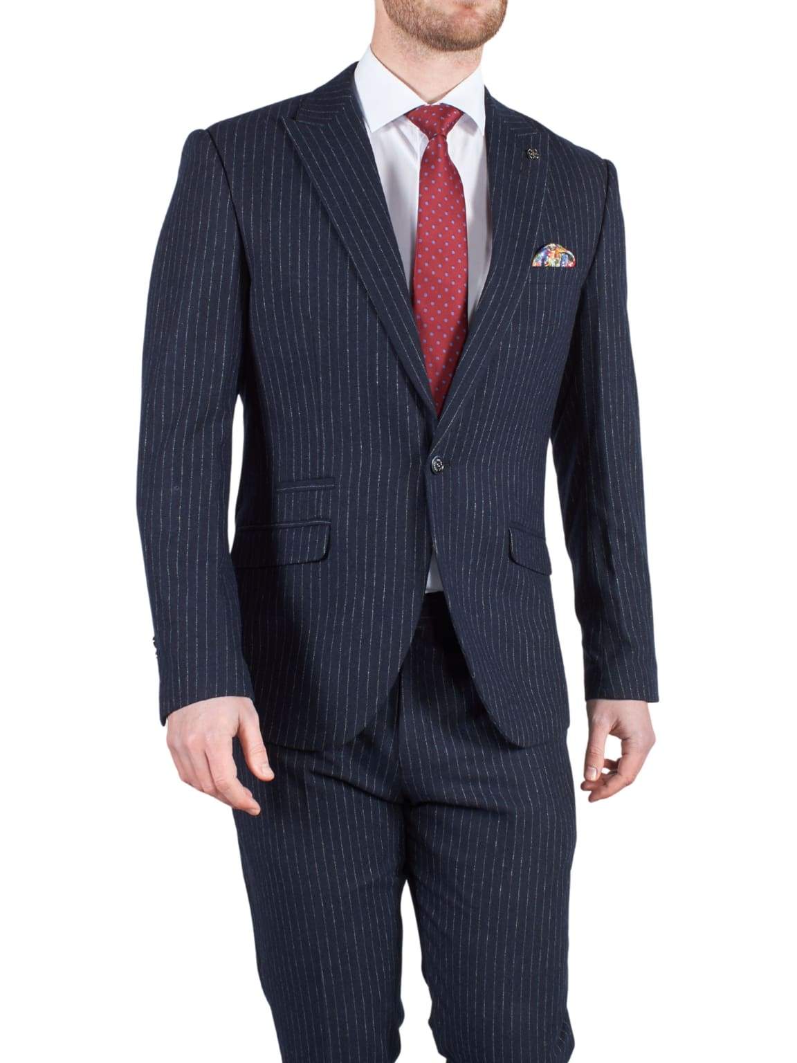 Cavani Lopez Men's Navy Pin Stripe Dress Pants - Slim Fit Formal Trousers for Business, Office & Special Occasions