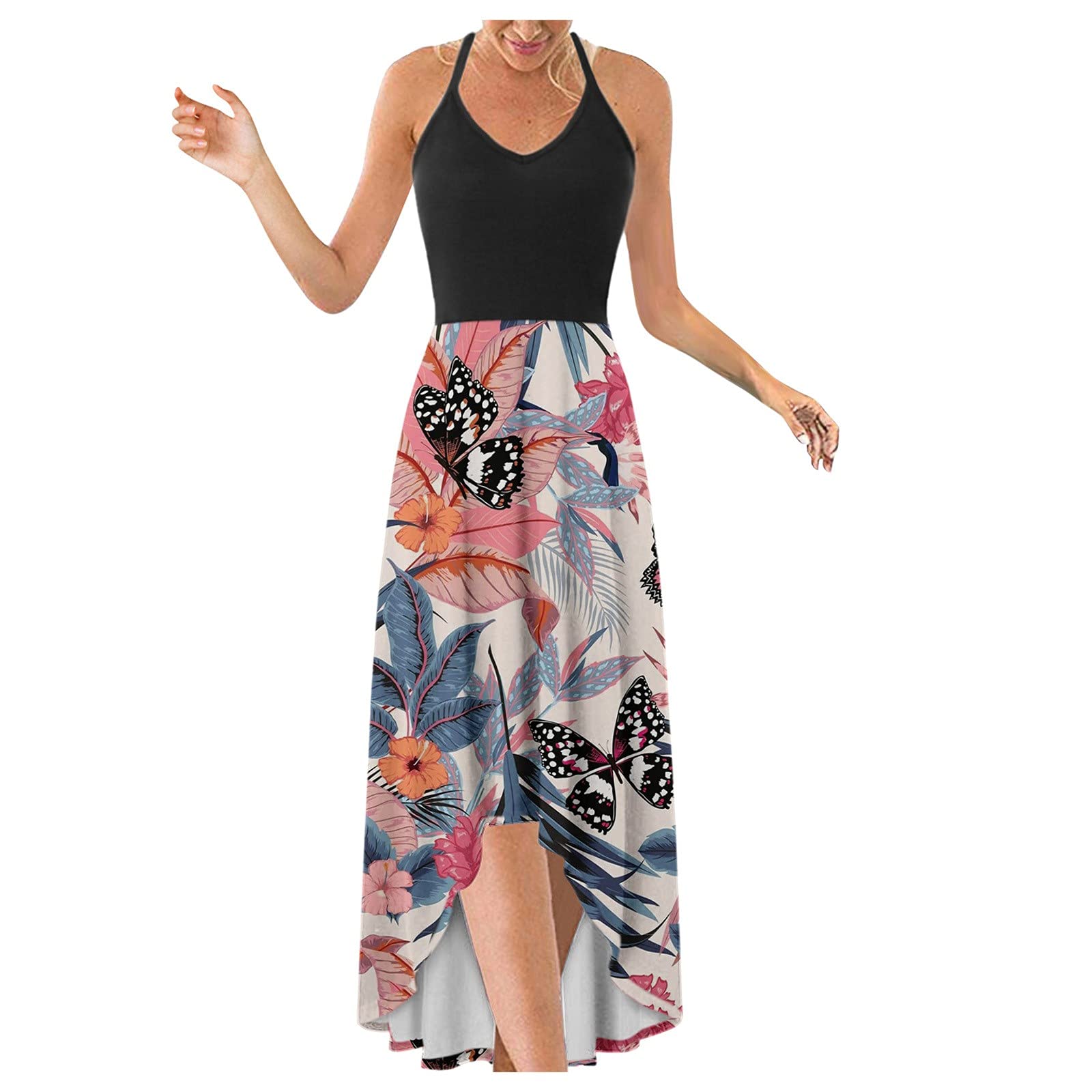 Women's Floral Print Sundress - V Neck Short Sleeve Beach Dress with High-Low Hem for Summer Vacation, Pool Party & Boho Outfit