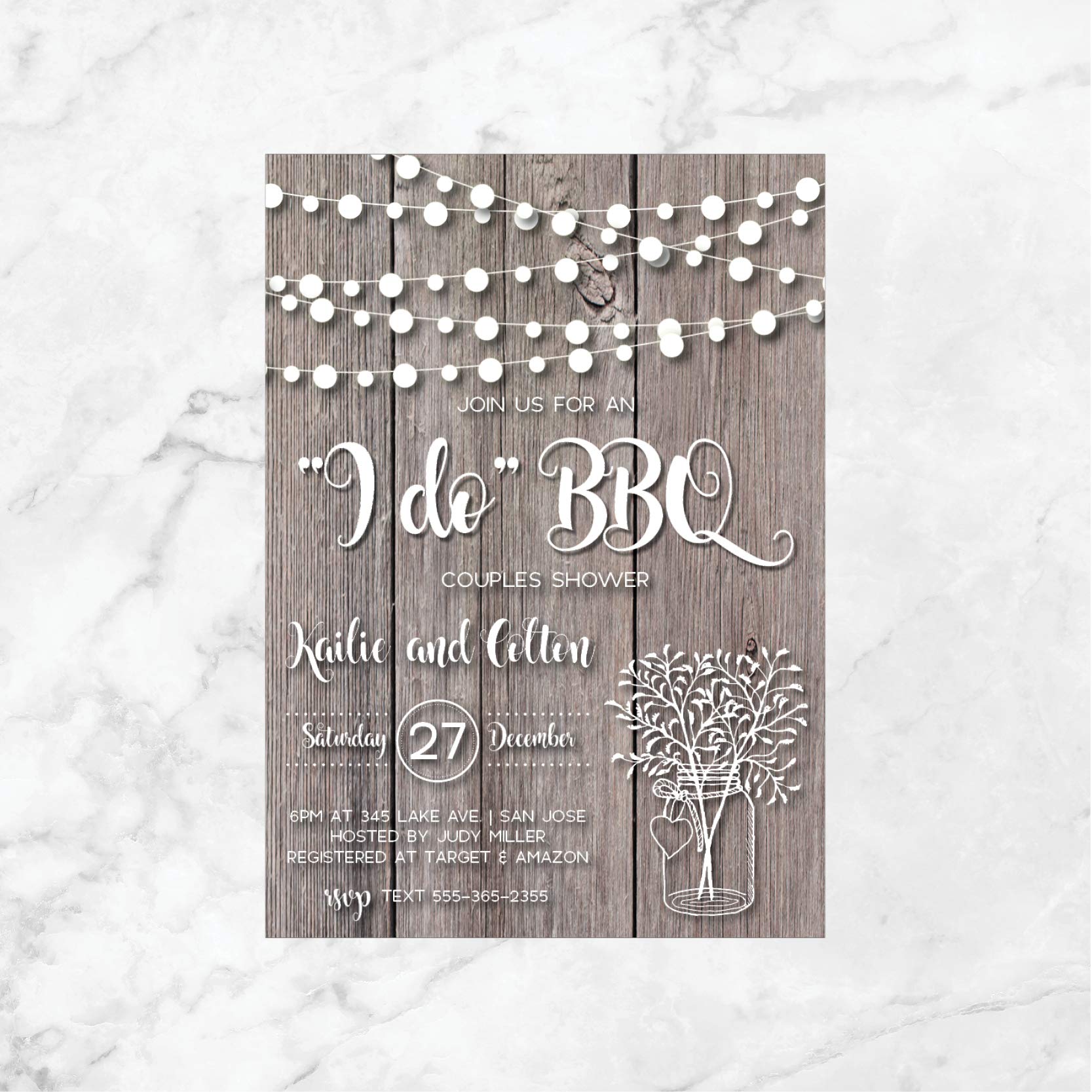 Rustic I Do BBQ Shower Invitations for Couples - Wood & Mason Jar Design with String Lights | Wedding Shower Invites | Perfect for Outdoor BBQ, Engagement Parties & Country-Themed Celebrations