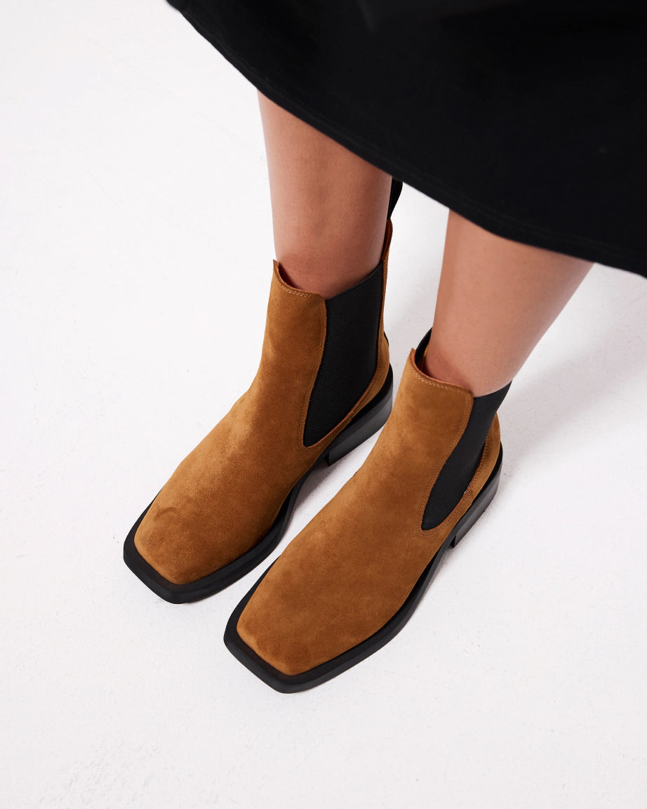 Stylish Coffee Suede Square Toe Chelsea Boots for Women - Comfortable Ankle Boots for Fall & Winter Fashion | Perfect for Office, Dating & Casual Outfits