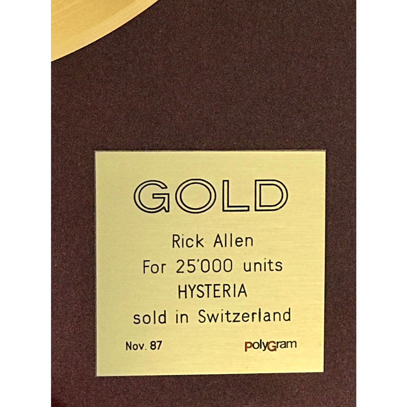 Def Leppard Hysteria Swiss Gold Award Presented to Rick Allen - Rare Collectible Music Memorabilia for Fans & Display in Home, Office, or Music Room