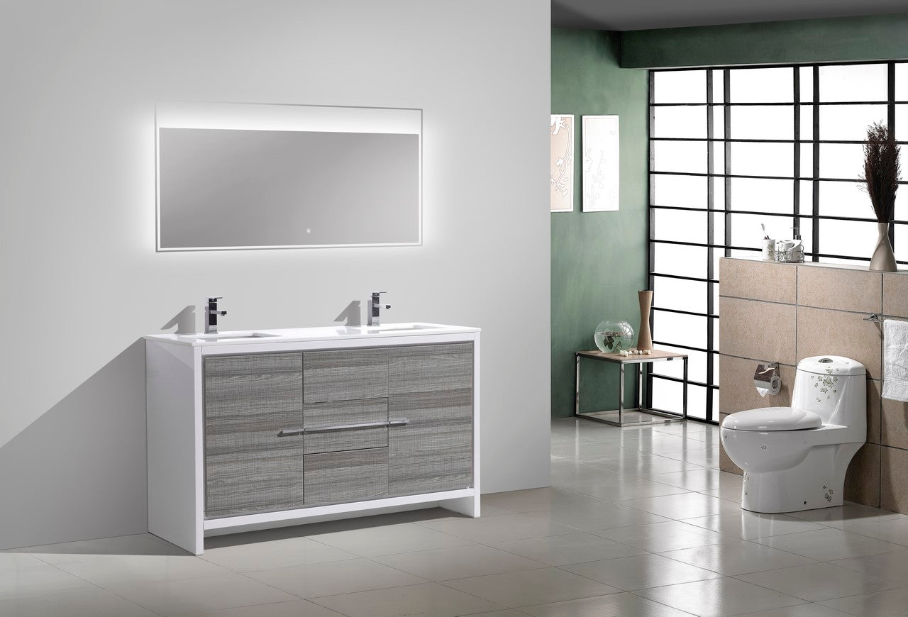 AD60 Double Sink Bathroom Vanity with High Gloss Ash Grey Finish & Quartz Countertop - Floor Standing Modern Vanity for Master Bathroom or Guest Bath Remodel