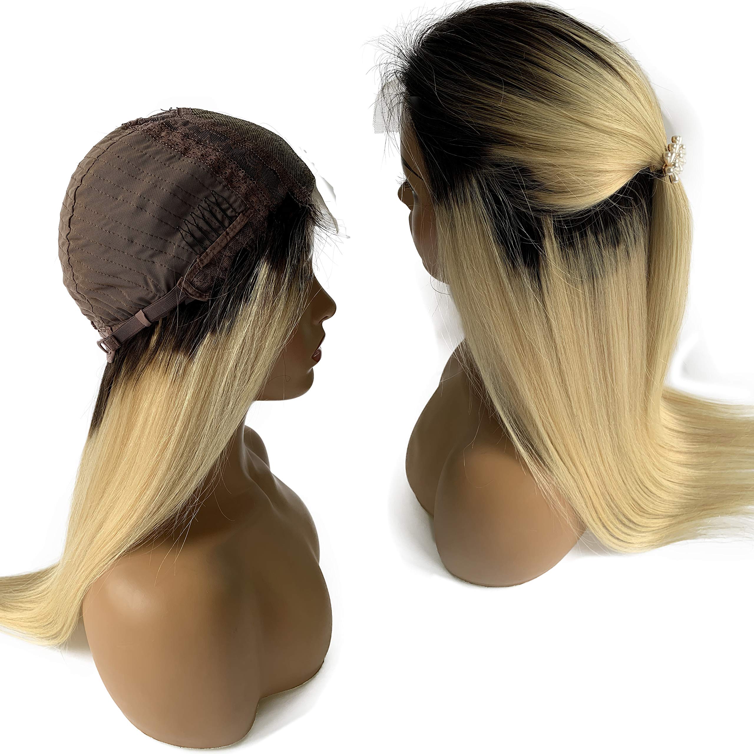 Ombre Blonde Lace Front Wigs 4x4 Closure Brazilian Human Hair #1B/613 Black Roots Remy Hair Wig - Bleached Knots, Pre-Plucked Hairline, 20