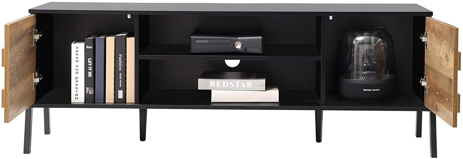 WAMPAT 60 Inch Retro TV Stand with Storage Cabinet for 65+ Inch TVs - Mid Century Modern TV Console Table with Metal Legs & Wood Entertainment Center - Black/Brown - Perfect for Living Room & Bedroom | Home Theater Setup & Media Storage Solution