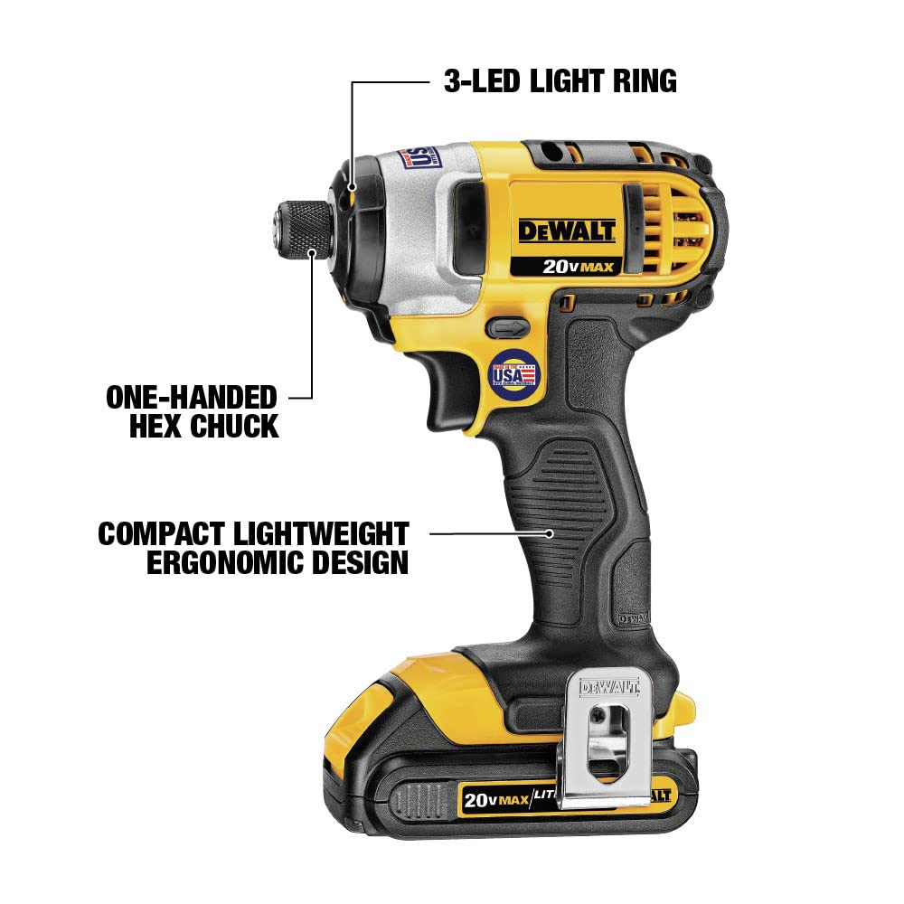 DEWALT 20V MAX Cordless Impact Driver Kit with 1/4-Inch Hex Chuck, Includes Battery and Charger (DCF885C1) - Perfect for DIY Projects, Construction, and Automotive Repairs