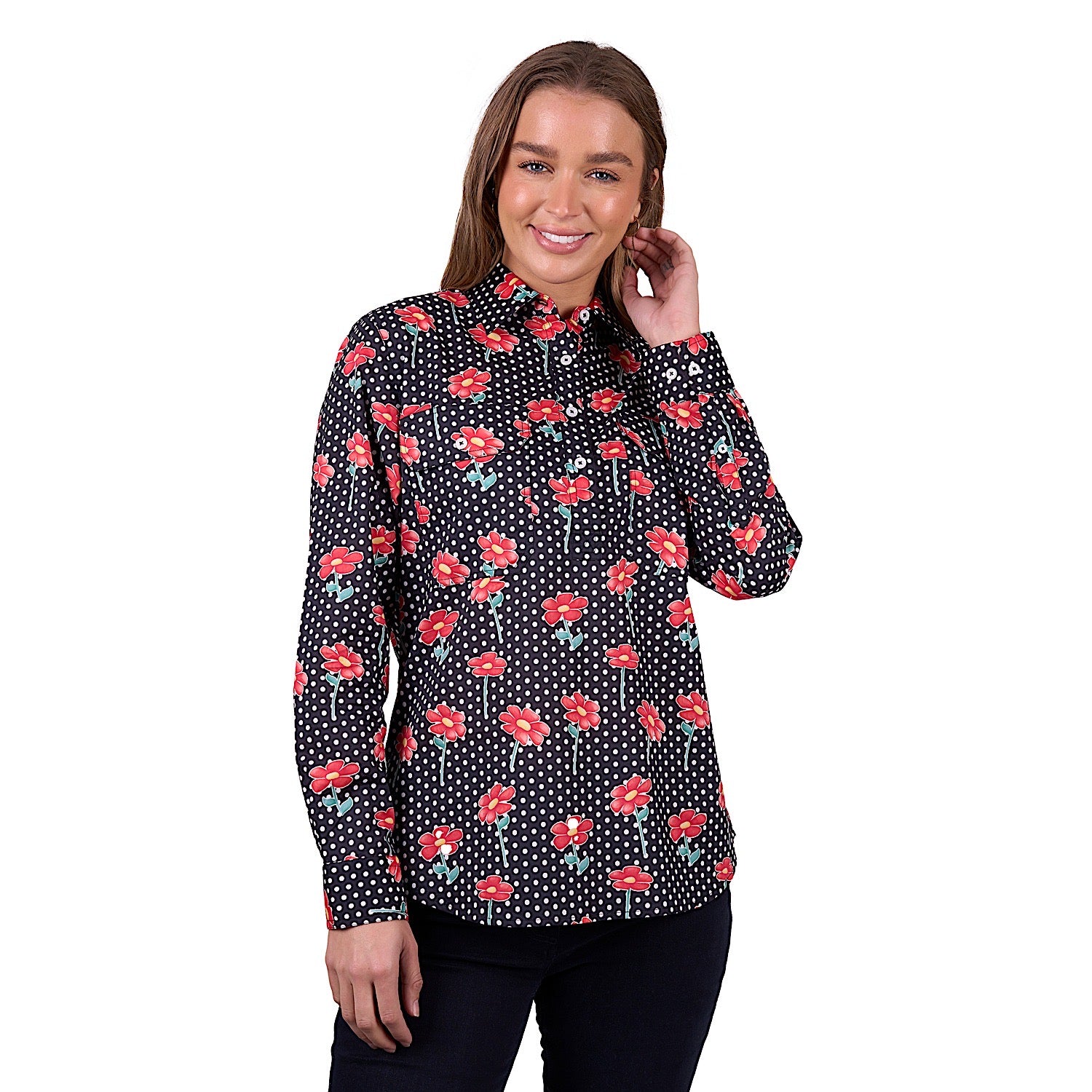 Hard Slog Women's Inez Half Placket Long Sleeve Shirt - Black | Casual Office Wear & Everyday Comfort | Stylish Button-Up Top for Work & Outings