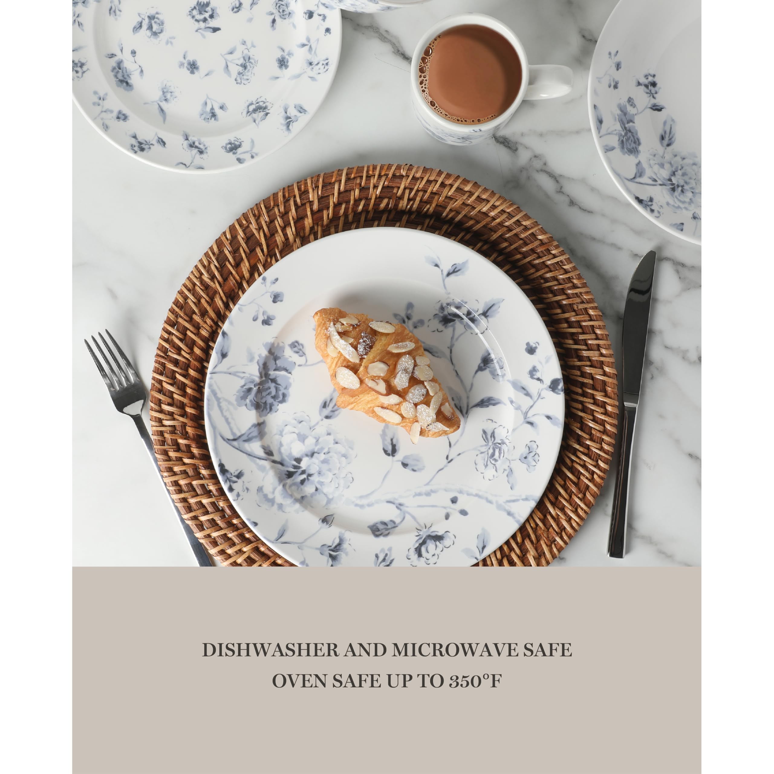 Martha Stewart Empress Bouquet Blue Floral Porcelain Dinnerware Set - 30-Piece Plates & Bowls for 6, Elegant Table Setting for Weddings, Holidays & Formal Dining