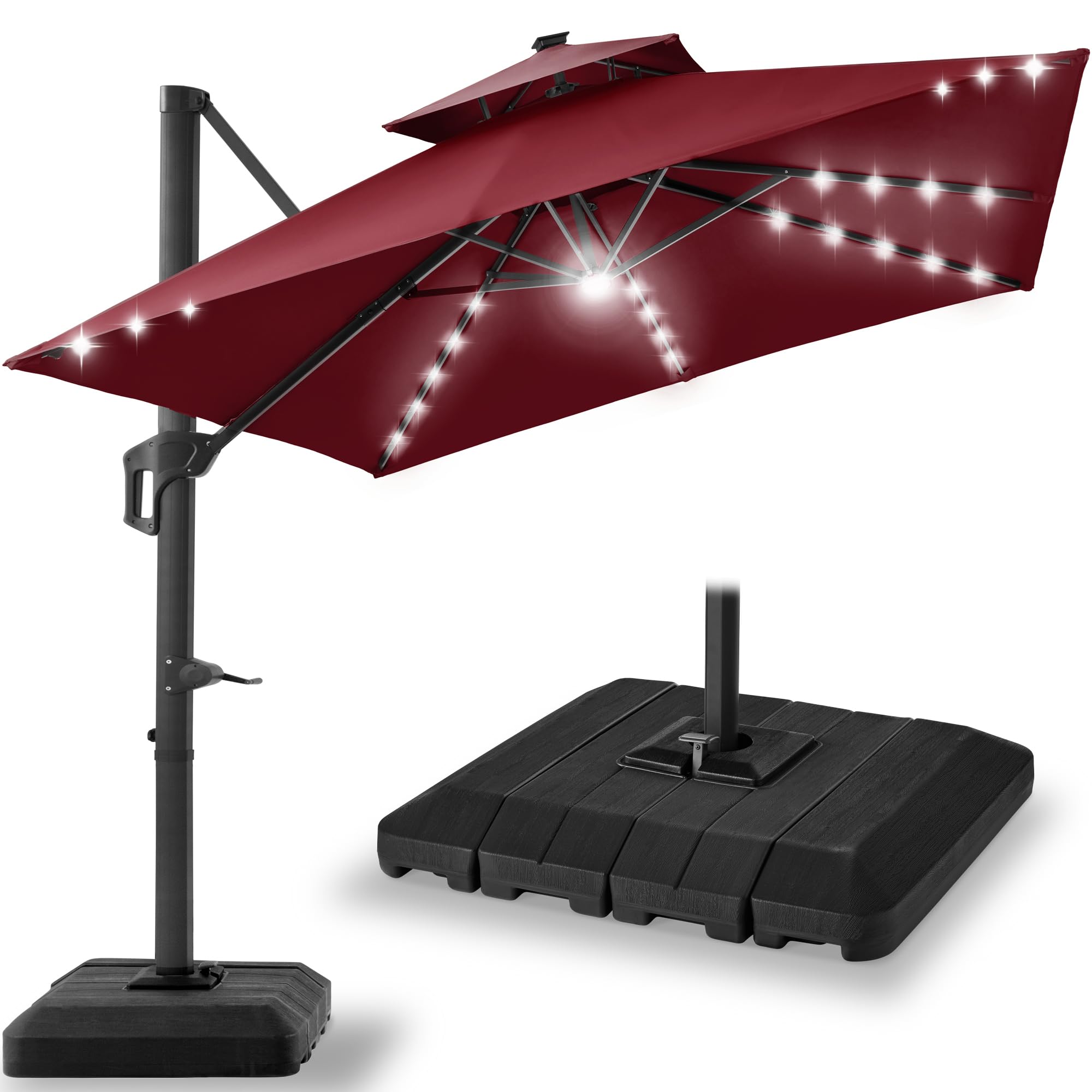 Best Choice Products 10x10ft Cantilever Patio Umbrella with Base - Solar LED Lights, 360° Rotation, Large Offset Outdoor Shade for Deck, Pool, Backyard - Burgundy | Perfect for Sun Protection, Outdoor Dining & Relaxation