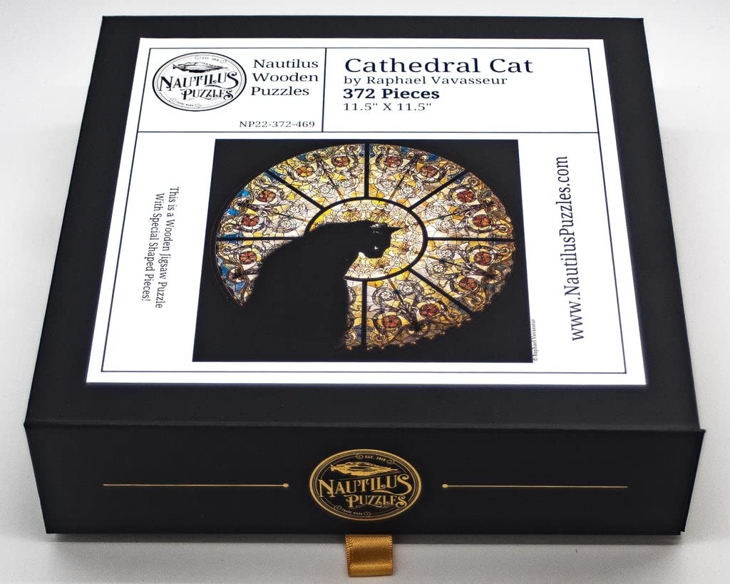 Premium Wooden Jigsaw Puzzle for Adults - Cathedral Cat Design - 372 Piece Challenging Puzzle - Handcrafted in USA by Nautilus Puzzles - Perfect for Stress Relief, Family Game Night & Home Decor