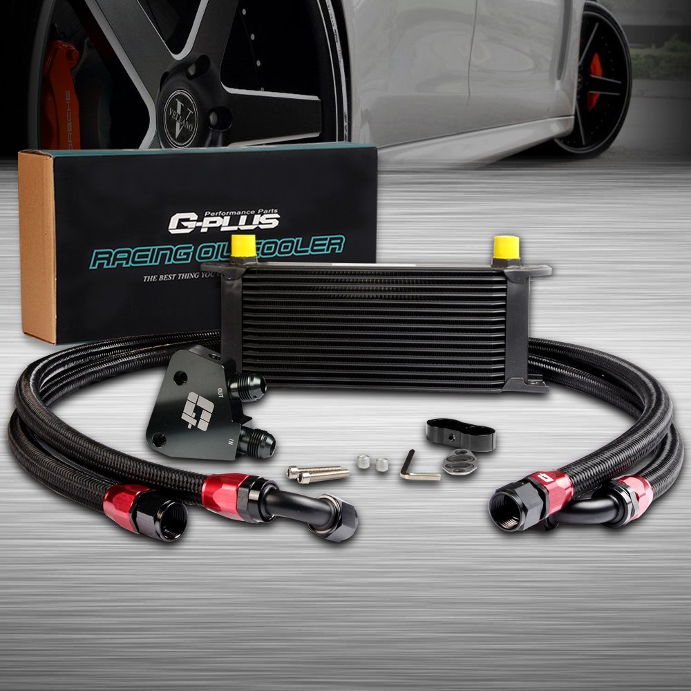 G-PLUS 16 Row Universal AN10 Aluminum Engine Transmission Oil Cooler Kit with Sandwich Plate - Compatible with LS1 LS2 LS3 Engines (Black) - High Performance Cooling for Racing, Towing & Off-Road Vehicles