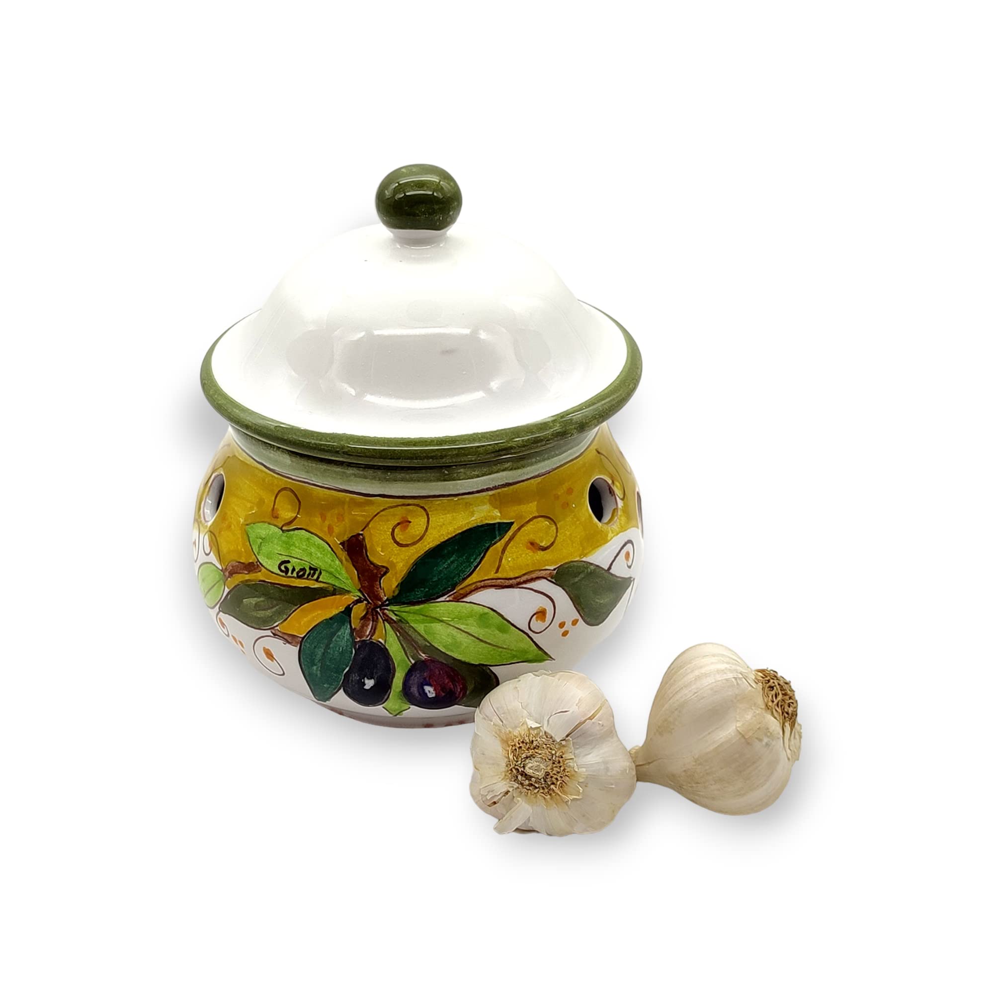Hand Painted Italian Ceramic Garlic Keeper with Lid - Tuscan Kitchen Storage Jar for Garlic, Tea, Coffee & Spices - Authentic Italian Pottery Home Decor - Perfect for Farmhouse, Rustic & Mediterranean Style Kitchens