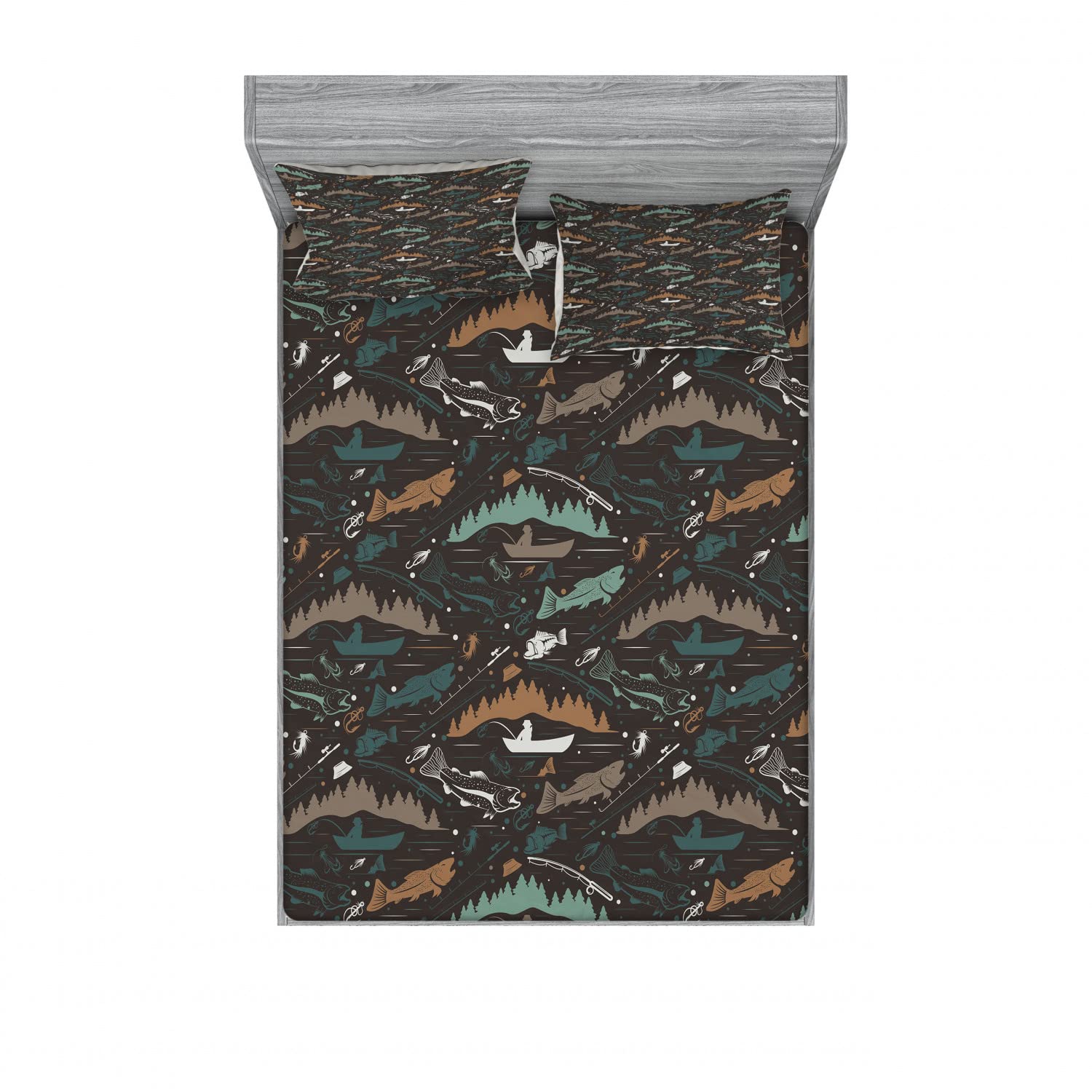 Ambesonne Fishing Theme 2-Piece King Size Fitted Sheet Set with 4 Pillow Shams - Sky Blue & White Artificial Fish Bait Design Bedding Decor | Perfect for Angler's Bedroom, Fishing Lodge, or Marine-Themed Home Decor