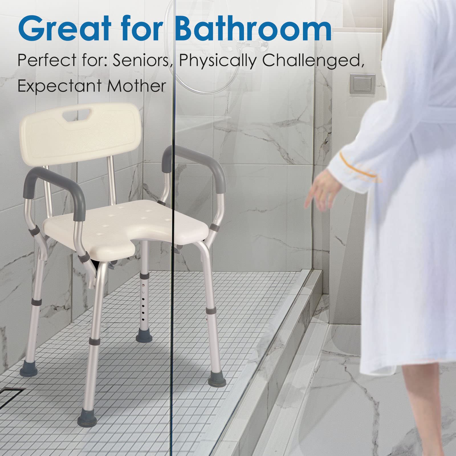 Sturdy Shower Chair with Arms & Back Support - 330lb Weight Capacity, Non-Slip Bath Seat for Elderly & Disabled, Tool-Free Assembly with Cutout Design & Anti-Cold Pads - Ideal for Safe Bathing & Shower Safety