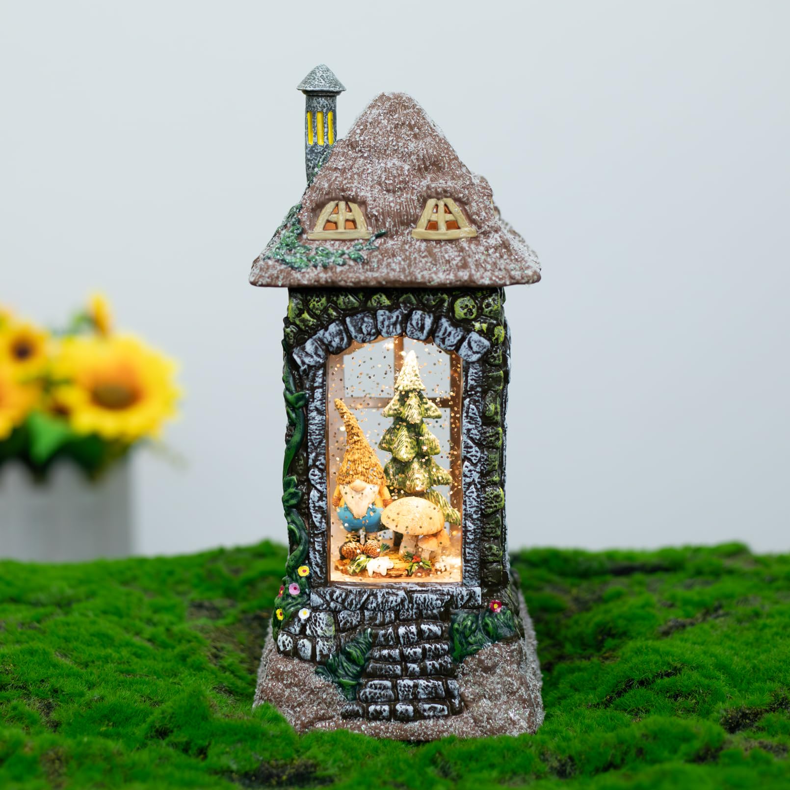 Spring Gnomes Mushroom Snow Globe with 6-Hour Timer - Sparkling Fairy Garden Decor for Home, Office & Gift Giving | Perfect for Easter, Christmas & Seasonal Display
