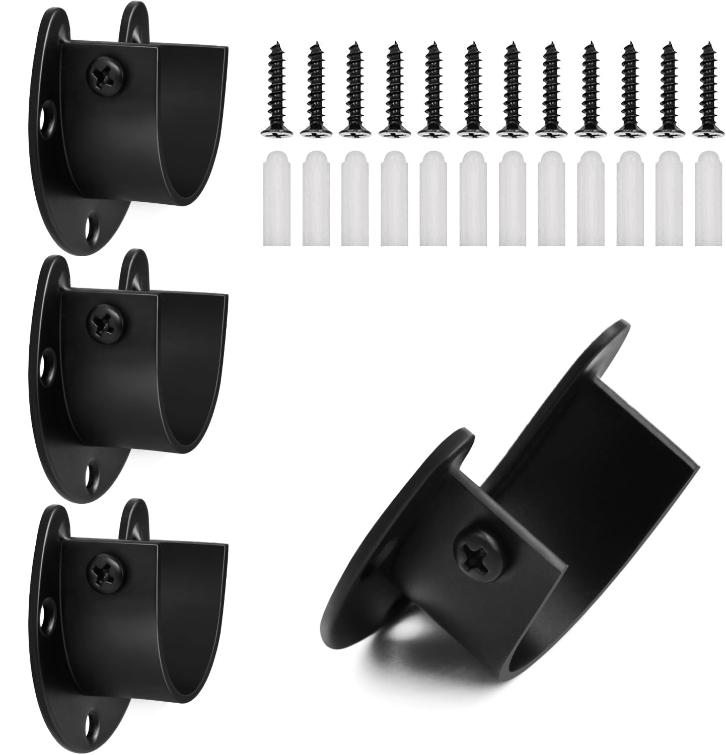 Heavy Duty Stainless Steel Closet Rod Bracket - 1 1/4 Inch U-Shaped Wardrobe Support with Flange End Caps (4 Pack, Black) - Perfect for Closet Organization, Garment Racks & DIY Wardrobe Systems