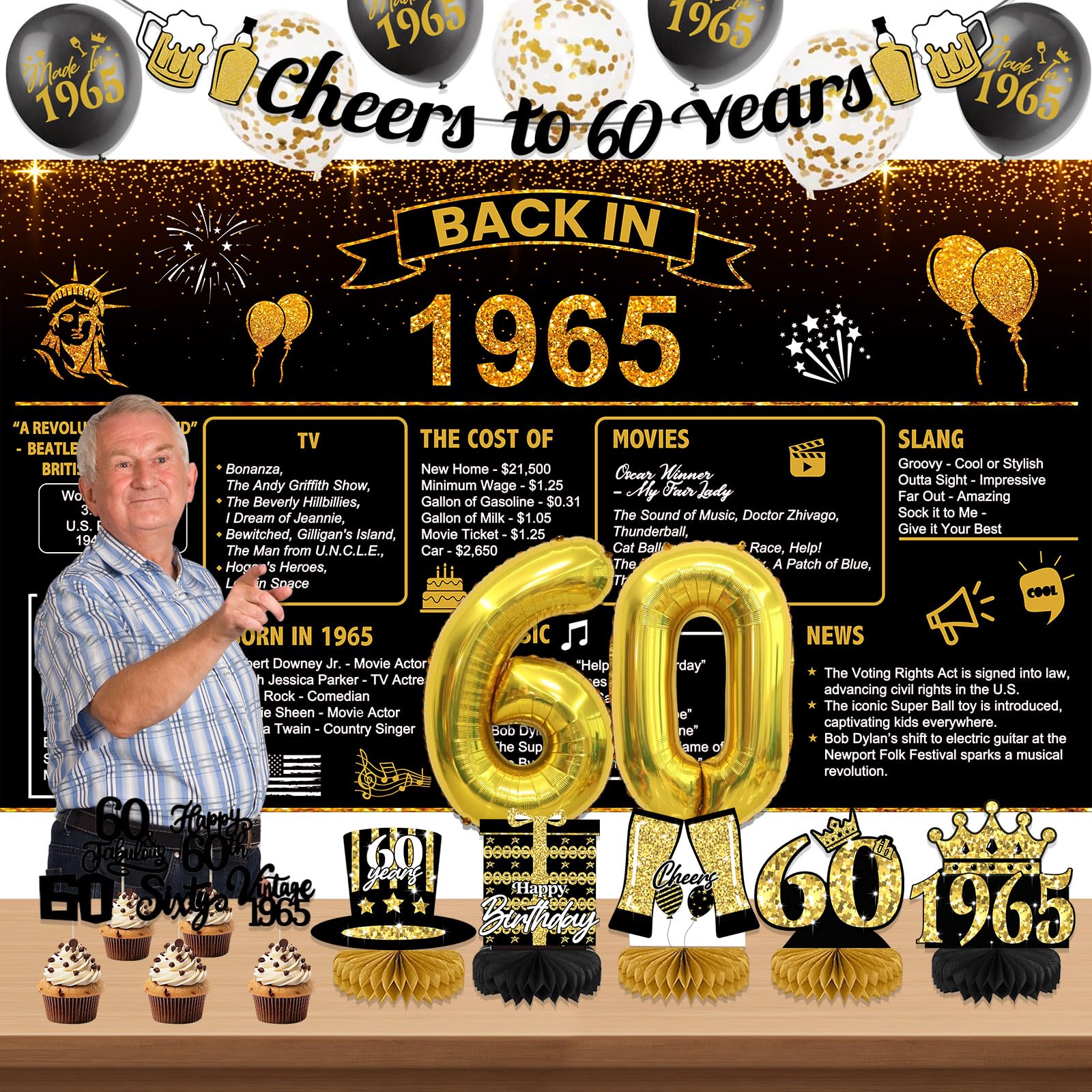 Vintage 60th Birthday Decorations Set for Men & Women - 'Back in 1965' Themed Party Supplies with Happy Birthday Banner & Photo Backdrop - Perfect for Milestone Celebrations, Retirement Parties & Surprise Gatherings