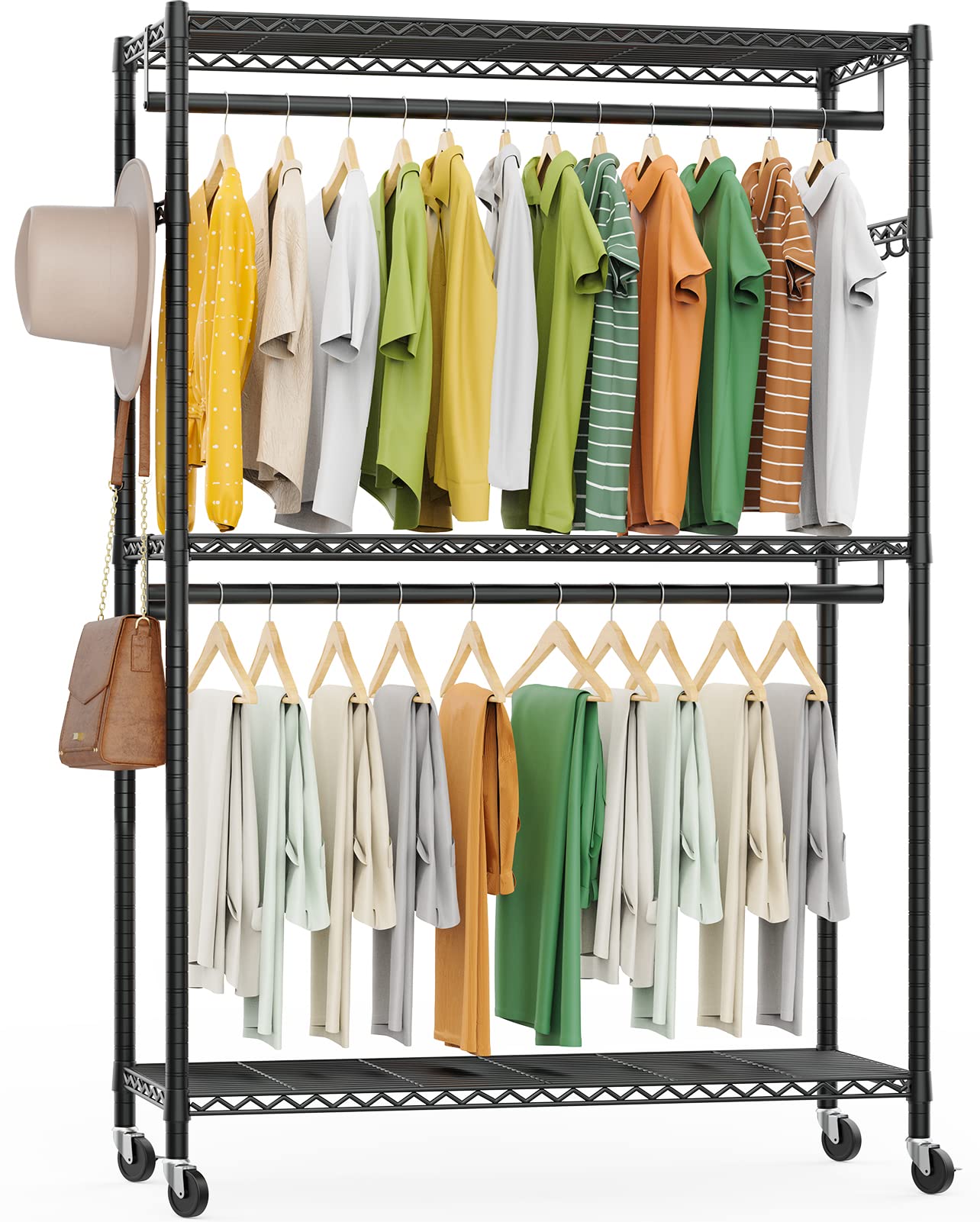 LEHOM G1 Heavy Duty 3-Tier Rolling Garment Rack with Storage Shelves - Free Standing Clothing Rack Organizer with Double Rods, Lockable Wheels & 4 Side Hooks - 450 lbs Capacity (Black) - Perfect for Closet Organization, Retail Stores, Laundry Rooms & Home Storage