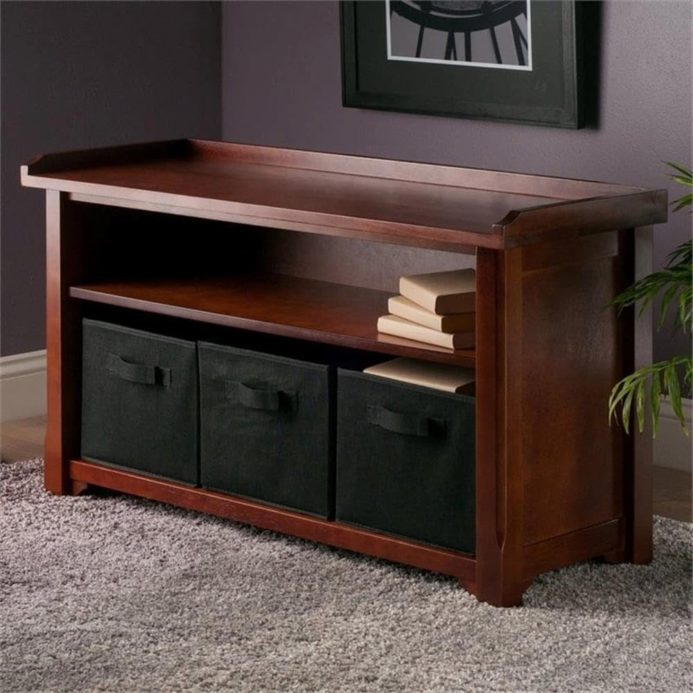 Pemberly Row Solid Wood Storage Bench with 3 Foldable Baskets - Walnut/Black - Entryway, Living Room, Bedroom Organizer - Perfect for Shoes, Blankets & Toys Storage