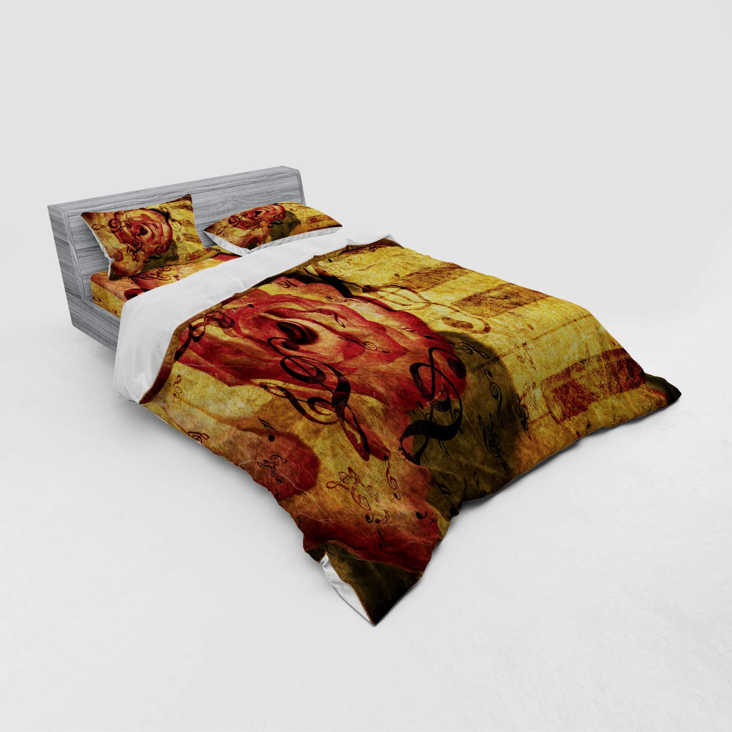 Ambesonne Vintage Rose 4-Piece Queen Bedding Set - Piano Keyboard & Majestic Rose Floral Design, Duvet Cover with Shams & Fitted Sheet, Cream & Red (Perfect for Romantic Bedrooms, Guest Rooms & Music Lovers)