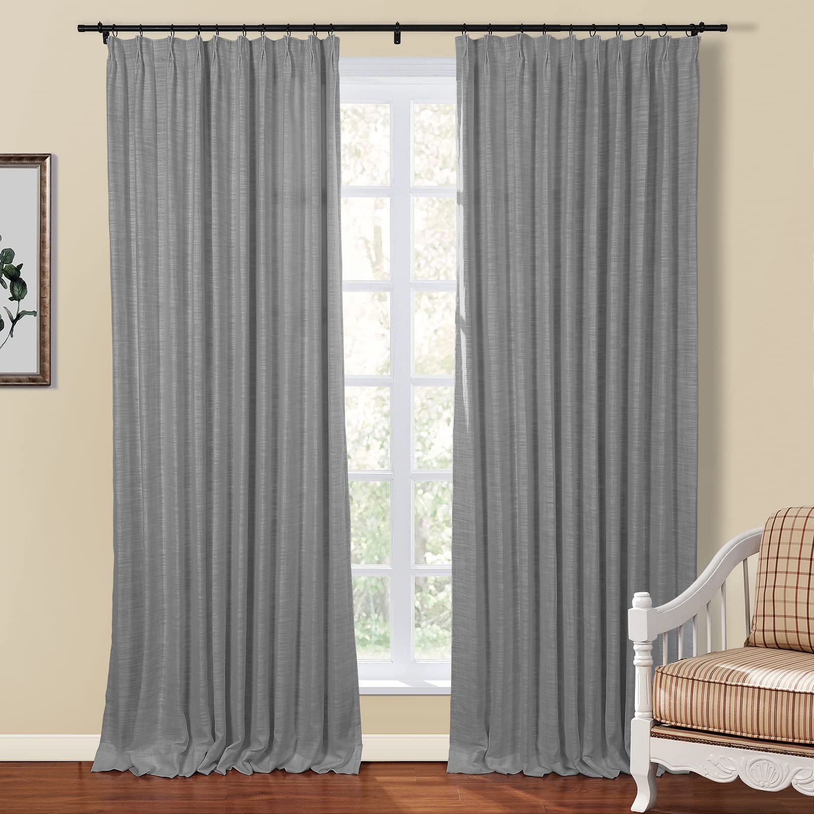 TWOPAGES Double Layer Linen Light Filtering Room Darkening Curtains - Pinch Pleated Drapes for Living Room & Bedroom - Lightweight Blackout Window Treatment Panels (2 Panels, Gray, 58